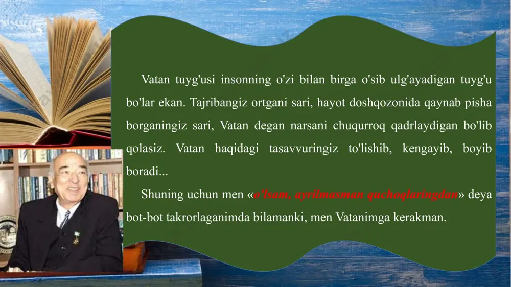 yo'lidagi ishlarni qiladi... odam ota-onasini tanlay olmaganidek, vatanni ham tanlay olmaydi. albatta, alloh odamga vatanni muz-liklardan ham, sahrolardan ham, changalzorlardan ham ato etishi mumkin. lekin siz bilan bizga alloh o'zbekiston deb atalgan, tuprog'ida oltin gullaydigan, qishlarida bahor shivirlaydigan, tog' desa tog'i bor, bog' desa bog'i bor, har tongda bulbullar madhini o'qib tamom qilolmaydigan bir yurtni vatan qilib bergan ekan, buning uchun o'zimizni baxtli deb bilmog'imiz kerak. vatan bizga ato etilgan ulug' ne'mat ekan, vatanga muhabbat ham har birimizga berilgan ulug' ne'matdir. chunki vatanini sevgan odam, uning biron koriga yaragan odam hayotining chuqur ma'no kasb etayotganini, umri zoye o'tmayotganini his qiladi, uning insoniy g'ururiga g'urur qo'shiladi. ozod sharafiddinov uchun vatanga muhabbat, uning oldidagi farzandlik burchini ado etish mas'uliyati umrining bosh masalalaridan bo'lgandi. maqolasida u kamtar-lik bilan o'zining ona yurtimiz madaniyati, fani, ta'lim-tarbiya sohasi rivojiga qo'shgan ulkan hissasi to'g'risida biror og'iz gap aytmaydi. holbuki, olim tarjimayi holida yozganimizdek, zamonaviy o'zbek adabiyotshunosligining taraqqiy …