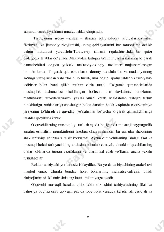 niyning “tarbiya biz uchun yo hayot, yo mamot, yo najot, yo hayolokat, yo saodat, yo falokat masalasidir” degan fikirlari yuqoridagilarni yana bir bor tasdiqlaydi. guruh rahbari: deganda o’quvchilarni bir xil saviyada, bir xil yoshda, bilimi jihatidan ham teng bo’lgan jamoani boshqarib turuvchi prdagog guruh rahbari deb ataladi. guruh rahbarining asosiy maqsadi o’quvchilarini tug’ri tarbiyalash jarayonida o’quvchi va guruh rahbari bilan bir birini tushuna olishi va guruh rahbari tomonidan o’quvchilarga e’tiborliroq bo’lishi kerak. o’quv yurtida o’quvchilarga tarbiya guruh rahbaring ishlari orqali beriladi. jumladan, tadbirlar, mushoiralar, har xil kechalar, uchrashuvlar, taanlovlar vaboshqa o’yinlar orqali o’quvchilarga ta’lim tarbiya beriladi. shunga qarab o’quvchilarning fikirlash qobiliyti rivojlanib boradi. guruh rahbari o’quv yurti ma’muriyti bilan birgalikda va mahalla jamoasi, ota onalari bilan hamkrlikda tarbiyaviy ishlarni olib boradi. o’quv yurti ma’muriyati guruh rahbari va uning olib borayotgan ishlarini doimo qo’llab-quvvtlashari lozim. chunki guruh rahbari o’z o’quvchilarini yaxshi biladi va ularni tarbiyalash uchun nimalar kerakligini hisobga olib ish …