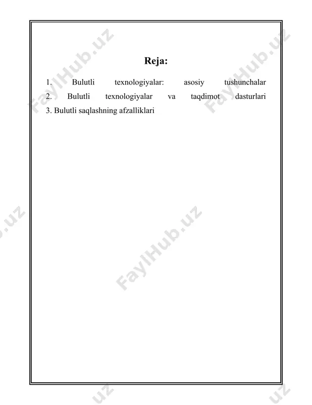 'or dasturlash muhitlarini taqdim etib, rivojlanish jarayonlarini soddalashtiradi va tezlashtiradi. 3. **infratuzilma xizmat sifatida (iaas):** iaas xizmat modellarida foydalanuvchilarga virtual serverlar, saqlash xotiralari va tarmoq resurslari taqdim etiladi. foydalanuvchilar ushbu resurslardan ko'pincha o'z serverlarini hosil qilish va boshqarish uchun foydalanadilar. amazon ec2, google compute engine ushbu xizmatlarning eng mashhur namunalari hisoblanadi. **bulutli saqlash (cloud storage):** bu ma'lumotlarni internetda saqlash va ulardan foydalanishga imkon beruvchi texnologiyadir. bulutli saqlash xizmatlari orasiga google drive, dropbox, apple icloud kiradi. ushbu xizmatlar ma'lumotlarni xavfsiz saqlash, uning zaxira nusxasini yaratish va osongina ulashish imkonini beradi. **xavfsizlik va maxfiylik:** bulutli texnologiyalar xavfsizlik va maxfiylik muammolariga ega bo'lishi mumkin. ma'lumotlarning bulutda saqlanishi ma'lumotlarning maxfiyligini ta'minlash uchun zarur bo'lgan qo'shimcha chora-tadbirlarni talab qiladi. shifr bilan himoyalash va ma'lumotlar qatlami xavfsizligini ta'minlash muhim ahamiyatga ega. **foydalanuvchilar soni va statistikalar:** 2023-yilga kelib, bulutli texnologiyalarni qo'llayotgan jahon bo'ylab korxonalar soni sezilarli darajada oshdi. o'tkazilgan tadqiqotlar shuni ko'rsatadiki, kompaniyalarning deyarli 94% bulutli texnologiyalardan …