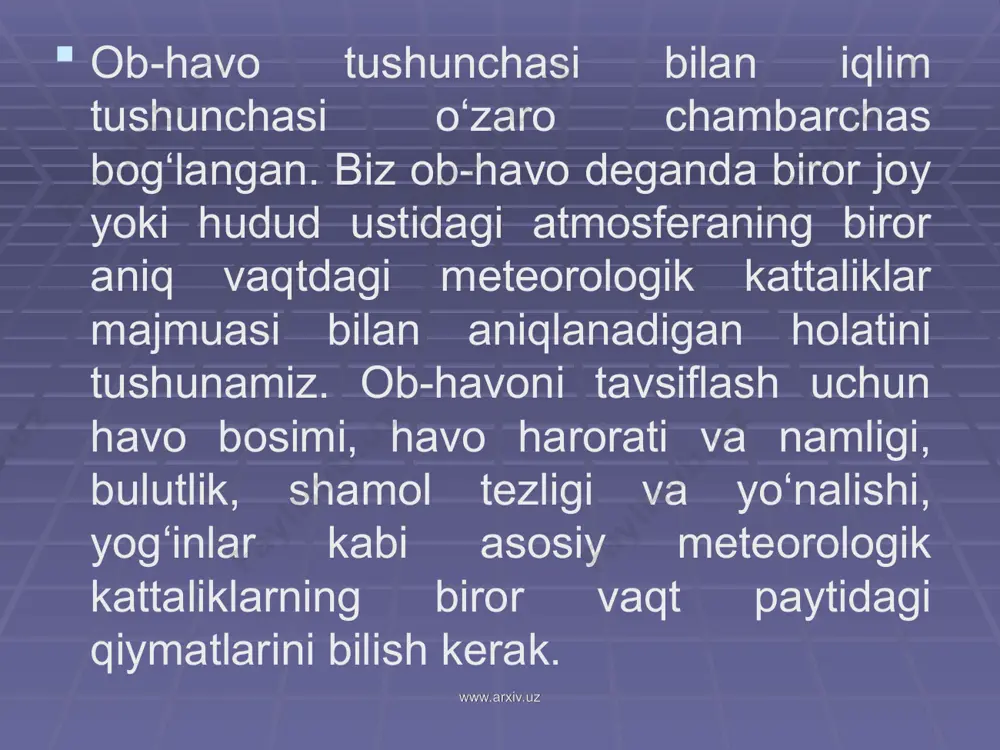 chayadi) shamollar va okean oqimlarining asosiy sababidir. www.arxiv.uz www.arxiv.uz www.arxiv.uz www.arxiv.uz www.arxiv.uz www.arxiv.uz foydalanilgan adabiyotlar: 1. dunyoning milliylik ma’ruzasi. 2. bmt asosiy omillar 3. www.unsyst.org www.arxiv.uz www.arxiv.uz