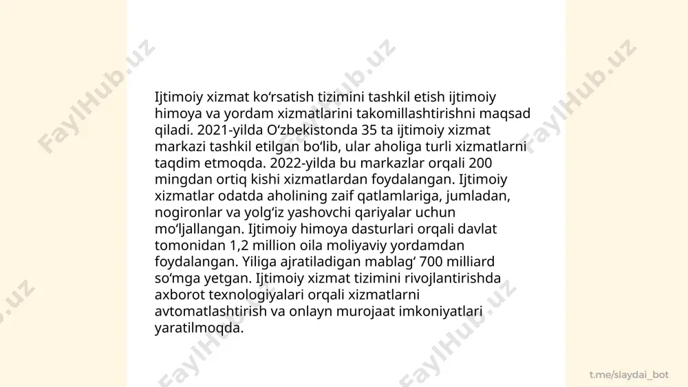 axminan 130 million nafari maktabga bormaydi. shuningdek, ayollarga nisbatan zo'ravonlik masalasida har uch ayoldan biri butun dunyoda hayoti davomida jismoniy yoki jinsiy zo'ravonlikka duch keladi. o'zbekistonda gender tengligini ta'minlash maqsadida qator qonunlar va tashabbuslar amalga oshirilmoqda, lekin hali ham ish qayta ko'rishni talab qiladi. gender masalalari nafaqat ijtimoiy adolat, balki iqtisodiy rivojlanishda ham muhim rol o'ynaydi. ... t.me/slaydai_bot ijtimoiy ish sohasida kasbiy kompetentsiyalar insonlarga yordam ko'rsatish va jamiyatni rivojlantirishga qaratilgan. bu sohada ishlaydigan mutaxassislar quyidagi asosiy kompetentsiyalarga ega bo'lishlari kerak: odamlar bilan muloqot qilish qobiliyati, inqiroz vaziyatlarini boshqarish ko'nikmalari, maslahat berish va yordam ko'rsatish qobiliyatlari. ijtimoiy ishchilar odatda psixologiya, sotsiologiya yoki ijtimoiy ish bo'yicha ta'lim oladi. kasbda muvaffaqiyat uchun etika va qonunchilikni tushunish ham muhim hisoblanadi. ijtimoiy ishchilar turli muassasalarda, jumladan, maktablar, shifoxonalar, davlat idoralari va nodavlat tashkilotlarda ishlashi mumkin. ularning vazifalari orasida qashshoqlikni kamaytirish, oilaviy muammolarni hal etish va qariyalarga yordam ko'rsatish kiradi. kompetentsiyalarini oshirish uchun ijtimoiy ishchilar muntazam …