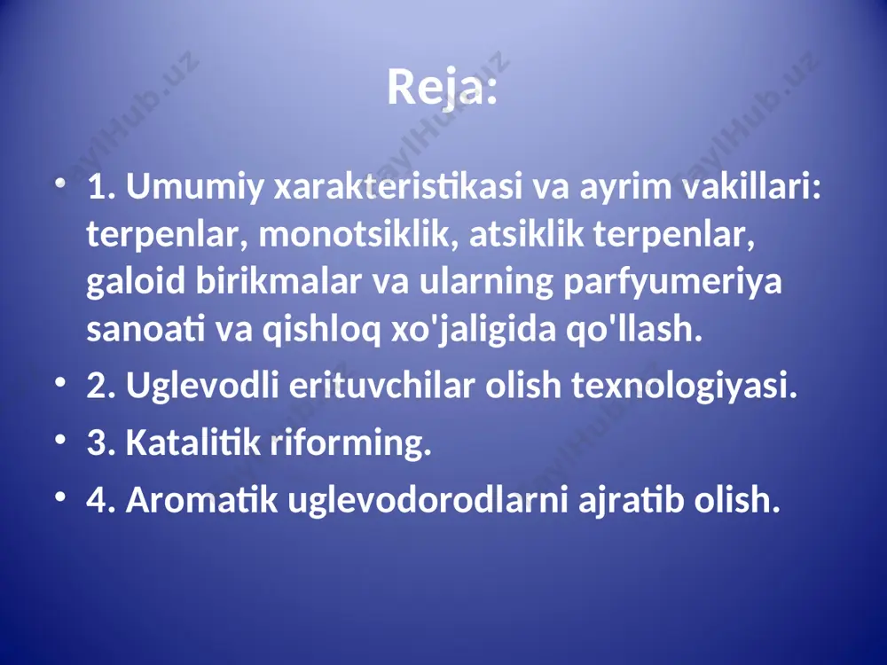 sini tuzilishiga qarab ikkita guruhga bo'linadi: ochiq zanjirli va yopiq zanjirli uglerod atomlaridan tsiklik tuzilgan bo'ladi. ochiq zanjirli uglevodorodlar parfyumeriya sanoatida qo'llanilmaydi, ammo tsiklik terpenlarning ayrim vakillari xbx ga ega bo'ladi. etilen (сн2=сн2) o'simliklarning o'zida (endogen) mavjud bo'lgan tabiiy regulyator hisoblanadi. u hosilning pishib etilishida, o'simlik barglarining tabiiy to'kilishida asosiy vazifani bajaradi. etilenning bu xususiyatini 1902-yili rus olimi nelyubov d.n. birinchi bo'lib kashf etgan. galogenli alitsiklik uglevodorodlar qator muhim faolliklarni namoyon etadi. eng asosiysi - yuqori insektitsid xususiyatiga –ega. uglevodorodlar molekulasining tuzilishi, hamda konformatsiya ko'rinishi pestitsidlik faolligiga katta ta'sir ko'rsatadi. bu modda benzolni xlorlash usulida olinib, 8 xil izomerga ega. ulardan faqat γ -izomeri (uni "lindan" deb ataladi) yuqori insektitsidlik xususiyatini namoyon etadi. preparat emulsiya, dustlar, kukunlar xolatida o'simlik zararkunanlalariga, hamda xayvonlarda uchraydigan parazitlarga qarshi kurashda juda yaxshi natija beradi. bu preparatni har xil yo'llar bilan sanoatda olish usullari, hayvonlarda va hasharotlarda yuz beradigai metabolizmlari, hamda uning kimyoviy xossalari juda …