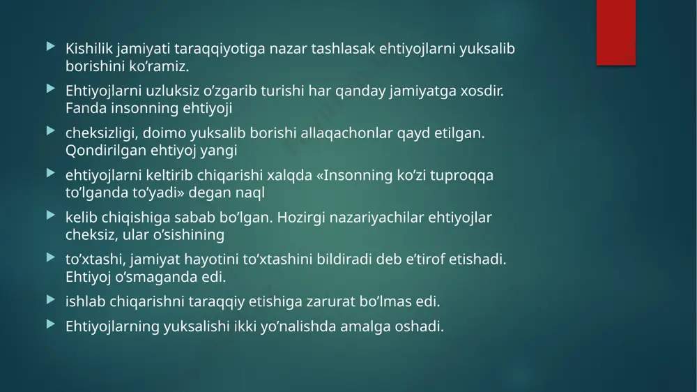 ning yagona yo’li ishlab chiqarish. buning uchun esa turli-tuman resurslar kerak. resurslar deganda turli ehtiyojlarni qondiradigan tovarlar ishlab chiqarish va xizmat ko’rsatish uchun ishlatiladigan tabiat tomonidan yoki odamlar tomonidan yaratilgan ne’matlar va mehnatga layoqatli kishilarni tushunamiz. bu resurslar moddiy va mehnat resurslariga bo’linadi. 1.moddiy resurslar. uning o’zi ikkiga: tabiiy resurslar va mehnat bilan yaratilgan resurslarga bo’linadi. tabiiy resurslarga er, foydali qazilmalar kabilar kiritilsa, mehnat bilan yaratilgan resurslarga kapital kiradi. u bino-inshoot, asbob-uskuna, mashina, mexanizmlar, har xil qurilma, xom ashyo, materiallar kabilarni o’z ichiga oladi. 2.mehnat resurslari-mehnatga layoqatli, ma’lum malaka va mahoratga ega kishilardan iborat. etiboringiz uchun raxmat image2.png image3.png image4.png image5.png /docprops/thumbnail.jpeg