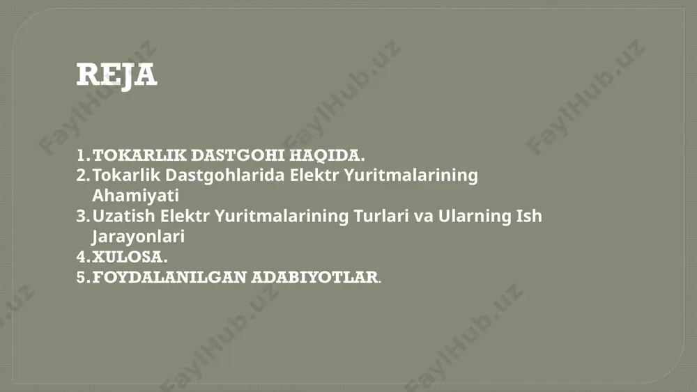 sipi asinxron motorlar o'zgaruvchan tok bilan ishlaydigan motorlar bo'lib, ular aylanish tezligini o'zgartirish va ishlov berishni boshqarish uchun ishlatiladi. sinkron motorlar sinkron motorlar aniq tezlik va yuqori momentni ta'minlaydi, ular aniq tezlikni talab qiladigan ishlov berish uchun mos keladi. servomotorlar servomotorlar aniq pozitsiya va tezlikni nazorat qilish imkonini beradi, ular cnc dastgohlarida qo'llaniladi. 10 uzatish elektr yuritmalarining turlari va ularning ish jarayonlari 1 uzatish elektr yuritmalari ishchi mexanizmlarga (masalan, ishlov beruvchi dastgohning aylanuvchi qismlariga) kuchni uzatish uchun ishlatiladi. 2 vintlar,, kamarlar, zanjirlar kabi mexanik uzatish elementlari elektr yuritmalaridan mexanik energiyani ishchi mexanizmlarga uzatishda ishlatiladi. 3 elektr yuritmalarini tanlash dastgohning turi, ishlov berish jarayonining xususiyatlari va talab etiladigan tezlik va momentga bog'liq. 11 tokarlik dastgohlarida elektr yuritmalarni sozlash va qo'llash tezlikni sozlash dastgohning aylanish tezligini ishlov berish materiali va qalinligiga qarab sozlash kerak. momentni tanlash ishlov berish jarayonini to'g'ri bajarish uchun kerakli momentni tanlash va sozlash kerak. himoya tizimlari xavfsizlikni ta'minlash …