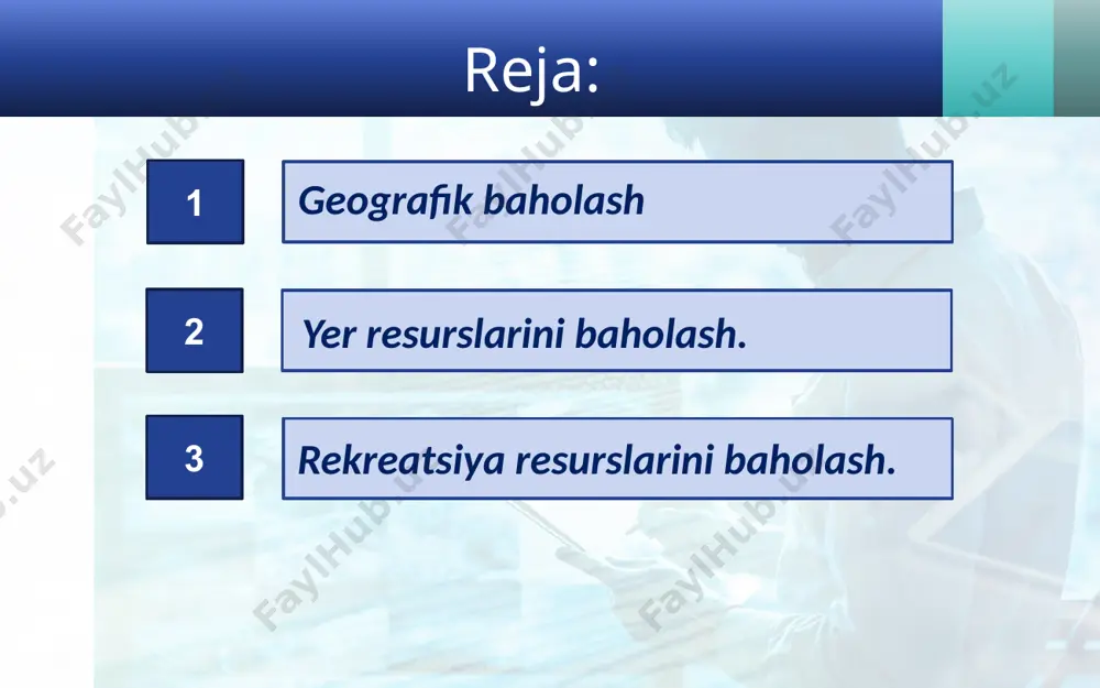 kslarni (dam olish uylari, sanatoriylar, sayyohlik komplekslari va h.k.) loyihalashtirayotganda aniq bir joyni baholash yaxshi natija beradi. rekreatsion maqsadlarda baholashda ularni estetik jihatdan baholash ham muhim o‘rin tutadi. bunda tabiiy sharoitning, relyefning, o‘simliklarning, landshaft umumiy ko‘rinishining estetik jihatdan zavq bera olish imkoniyati e’tiborga olinadi. baholashning oxirgi bosqichida geotizimlarning rekreatsion binolarni joylashtirish uchun yaroqliligi va rekreatsion bosimga barqarorlik darajasi hisobga olinadi. image2.jpg image3.jpeg image4.jpeg image5.jpeg image6.jpeg image7.jpeg image8.jpeg image9.jpeg image10.jpeg image11.jpeg image12.jpeg image13.jpeg image14.jpeg image15.jpeg image16.jpeg image17.jpeg image18.jpeg image1.jpg /docprops/thumbnail.jpeg