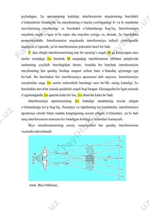 mayadi. biye interferometrining asosiy xususiyatlari har qanday interferension sxemada takrorlanadi. rasm. biye bilinzasi. cheksiz uzoqdagi ekran holi uchun ustma – ust tushuvchi dastalar aperturasi; ekranning markaziy m nuqtasi uchun interferensiya aperturasi. frenelning biko‘zgulari. s ning s1 va s2 mavhum tasvirlari kogerent to‘lqinlar manbalari bo‘ladi (7.2 – rasm). ko‘zgular orasidagi ( burchak qancha kichik bo‘lsa, s1 s2=2l masofa shuncha kichikroq va, binobarin, interferension manzara shuncha yirikroq bo‘ladi. interferensiyalashuvchi dastalar hali qisman ustma-ust tushaoladigan maksimal fazoviy burchakni va shartdan topiluvchi burchak aniqlaydi. bunda ekran yetarlicha uzoqda joylashgan bo‘lishi kerak. qaytish qonunlariga asosan, 2(=2(, bu yerda ( - ko‘zgular orasidagi burchak. shunday qilib, ustma-ust tushuvchi dastalar aperturasi 2( dan katta bo‘la olmaydi. chekli masofada joylashgan ekran uchun interferensiya aperturasi ham, ya’ni qaytgandan so‘ng ancha uzoqdagi ekranning biror nuqtasida uchrashib, interferensiyalashuvchi nurlar jufti orasidagi burchak ham 2( qiymatga ega bo‘ladi. 7.2 – rasmda s1 s2 dan chekli masofada joylashgan ekran maydonining markaziy m nuqtasi …