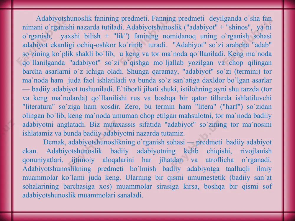 badiiy asarni qabul qilish jarayoni xususiyatlari kabi qator muammolar umumestetik xarakterga ega. san`atning barcha turlariga taalluqli bu muammolarni adabiyotshunoslik badiiy adabiyot nuqtai nazaridan, badiiy adabiyot bilan bog`lagan holda va uning misolida o`rganadi. badiiy adabiyotning mohiyati, uning rivojlanish omillari va qonuniyatlari, badiiy (adabiy) asar tabiati, uning tuzilishi, badiiy (poetik) til xususiyatlari, adabiy tur va janrlar kabi qator masalalar borki, ular sof adabiyotshunoslik muammolari sanalishi mumkin. adabiyotshunoslik bu muammolarni nima maqsadda o`rganadi? umuman, ularni o`rganishga zarurat bormi? axir, adabiyotshunoslikdan bexabar bo`lgan holda ham badiiy asarni o`qib zavqlanish yoxud go`zal asarlar yaratish mumkin emasmi? bir qarashda bu xil savollarning yuzaga kelishi tabiiy va asoslidek, adabiyotshunoslikning badiiy adabiyotni o`rganishdan maqsadi o`rganishning o`zi bo`lib qolayotgandek ko`rinishi mumkin. aslida esa bu xil savollarning yuzaga kelishi adabiyotshunoslik ilmining ahamiyatini tushunmaganlikdan, uning vazifalari va rolini tasavvur qila olmaganlikdandir. umumiy bir nazar tashlashdayoq adabiyotshunoslik ilmining ikki jihatdan — badiiy adabiyotning rivojlanishi va badiiy did tarbiyasi jihatlaridan ahamiyatli ekanligi ko`rinadi. …