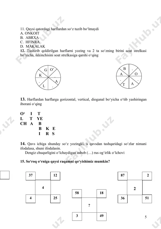 daqiqa. test oluvchi tomonidan o‘quvchilarga javob varaqalarining aniq va xatosiz to‘ldirilishi yuzasidan tushuntirish ishlari olib boriladi. javob varaqasida ikkitadan javoblar berilsa yoki bo‘yalsa, javob noto‘g‘ri hisoblanadi. 20 9 16 ? 26 68 4 8 8 5 7 3 8 7 6 18 ? 45 7 6 21 9 6 27 ? 9 5 3 16 36 4 25 b . a t o a . . o’ g k . a . . l 37 2 87 12 2 51 4 3 18 58 4 36 25 ? 49 3 a a