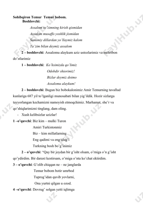ida tort narsaga amal qilgan 1. kengash 2. mashvaratu maslahat 3. ehtiyotkorlik 4. qat’iy qaror, tadbirkorlik, hushyorlik 4 –o’quvchi: sohibqiron amir temur 1355 yilda saroy mulk xonimni o’z nikohiga olgach, “ko’ragon” unvoniga musharraf bo’ldi. “ko’ragon” iborasi mo’g’ulcha so’z bo’lib, “kuyov” degan ma’noni ifodalaydi. 5 –o’quvchi: amir temurning otasi tarag’ayning 4 o’g’li va 2 qizi bor edi. katta farzand amir temur shahrisabz hokimligini egalladi 6 –o’quvchi: ali yazdiyning amir temurga bag’ishlab yozilgan madhiyasidan: shunday sohibqiron shuhrati bilsang, nasabi haqida gap surishtirsang, otadan – onaga to odam – ato bori shohlik taxti uzra qo’ymish poy 7 – o’quvchi: ispaniyalik elchi klavixonning yozishicha, amir temur davrida hech bir kishi rasmiy ruxsati bo’lmasa, mamlakatdan chiqib keta olmagan. bu bilan hunar egalarining tarqalib ketishiga yo’l qo’yilmagan. klavixo amir temur saroyida ming nafar hunarmandlarning ishlagani haqida yozadi 8 – o’quvchi: har kuni amir temur yuzlab odam bilan muomala qilib topshiriq bergan, ularning bajarilishini nazorat qilishda yanglishmagan. …
