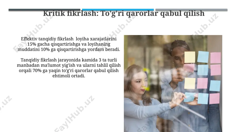 g: 80/20 qoidasiga ko‘ra, sizning harakatlaringizning 80% faqat 20% natijaga erishishga yordam beradi. muhim vazifalarni aniqlash va ularga ustuvorlik berish samaradorlikni oshiradi. pomodoro texnikasi yordamida 25 daqiqalik ish va 5 daqiqalik tanaffuslardan iborat sikllarni takrorlash orqali diqqatni jamlash va ish unumdorligini sezilarli darajada oshirishingiz mumkin. bu miya charchoqlarini oldini oladi. natijalarni baholash va takomillashtirish: doimiy rivojlanish takomillashtirish rejalarini tuzishda smart (specific, measurable, achievable, relevant, time-bound) tamoyillariga amal qilish, loyiha muvaffaqiyatining 80% ni ta'minlaydi. natijalarni baholashda kamida 3 ta kpi (kalit ko'rsatkichlar)ni aniqlash va ularning har birining 10% dan ortiq o'sishini maqsad qilib qo'yish lozim. e'tiboringiz uchun rahmat @taqdimot_robot image1.jpg image2.jpg image3.jpg image4.jpg image5.jpg image6.jpg image7.jpg image8.jpg image9.jpg image10.jpg image11.jpg