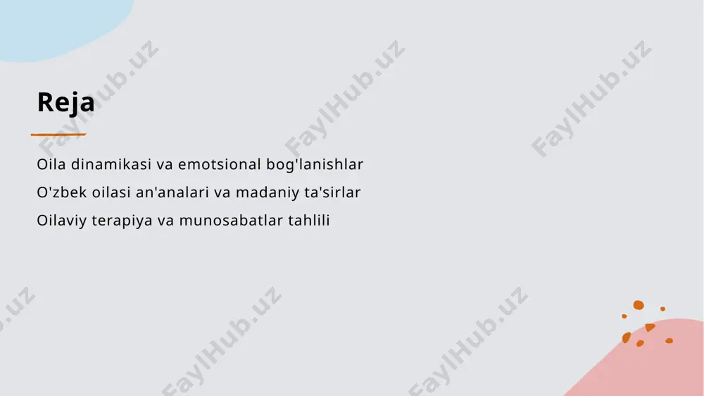 ichidagi munosabatlarni kuchaytiradi va barqarorlikni ta'minlaydi. o'zbek oilasida an'anaviy qadriyatlar va ularning emotsional ta'siri. 1 an'anaviy qadriyatlar o'zbek oilalarida an'anaviy qadriyatlar, masalan, hurmat va oilaviy birlashuv, emotsional bog'lanishlarni mustahkamlashi bilan ajralib turadi. 2 hissiy ta'sir an'analar, oilaviy hissiyotlarni shakllantirib, bolalarning o'sishida muhim rol o'ynaydi, o'zaro munosabatlarni mustahkamlaydi va qo'llab-quvvatlaydi. 3 zamonaviy o'zgarishlar zamonaviy hayot sharoitida an'anaviy qadriyatlar o'zgarishga uchrayapti, bu esa oilalardagi emotsional bog'lanishlarga yangi qiyinchiliklar keltirib chiqaradi. o'zbek oilasida oilaviy munosabatlar va madaniy kontekst. oila tuzilishi o'zbek oilalari ko'pincha keng oilaviy tuzilishga ega, bu esa avlodlararo aloqalarni mustahkamlash va qo'llab-quvvatlash imkonini beradi. madaniy qadriyatlar o'zbek oilalarida an'anaviy qadriyatlar, masalan, hurmat, oilaviy birlik va mehmondo'stlik, munosabatlarni shakllantirishda muhim rol o'ynaydi. oila dinamikasi o'zbek oilalarida er-xotin, ota-ona va bolalar o'rtasidagi dinamikalar hissiy bog'lanishlarni kuchaytiradi, har bir a'zo o'z rolini biladi. zamonaviy muammolar o'zbek oilalari zamonaviy muammolar, masalan, iqtisodiy qiyinchiliklar va gender tengligi, oilaviy munosabatlarga ta'sir ko'rsatadi, yangi yechimlar talab qiladi. o'zbek …
