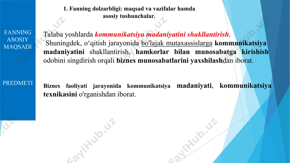dedi – siz yo‘lingizdan qaytib, boshqa tomonga yo‘nalasiz ). kommunikatsiya orqali shaxs o‘z ishlarini rejalashtiradi (o‘qituvchi ertaga qo‘shimcha dars qo‘yganlagini ma’lum qilsa, ertaga rejalashtirgan ishlaringizni o‘zgartirasiz). kommunikativ jarayonning asosiy vositasi nutqdir. nutq faoliyati - shaxs tomonidan ijtimoiy-tarixiy tajribani o‘zlashtirish va avlodlarga uzatish, kommunikatsiya o‘rnatish, o‘z harakatlarini rejalashtirish maqsadida tildan foydalanish jarayonidir. nutq shaxslar o‘rtasida muloqot vositasi bo‘lib, uning yordamida kishilar bilganlarini bir-birlariga yetkazadilar. til va nutq muloqotga kirishuvchilar o‘rtasidagi kommunikatsiyani ta’minlaydi, chunki uni axborot beruvchi ham, qabul qiluvchi ham birday tushunadi. biznesda nutq kommunikatsiyasining ahamiyati insonlarni birlashtiradi yaxshi nutq va muloqot qobiliyatlari odamlar o'rtasida aloqalarni o'rnatishga, ishonchni mustahkamlashga va maqsadlaringizga erishishga yordam beradi. obro'ga ta'sir qiladi nutq muloqotning sifati hamkasblar va hamkorlarning sizga professional sifatida ishonch darajasiga, shuningdek, butun kompaniyangizning obro'siga bevosita ta'sir qiladi. muvaffaqiyatni targ'ib qiladi fikrlaringizni ishonchli ifoda etish va odamlarni ishontirish qobiliyati biznes loyihalari va tijorat takliflari muvaffaqiyatining muhim kalitidir. kommunikativ jarayon 2 kishining bo‘lishini taqazo etadi: …