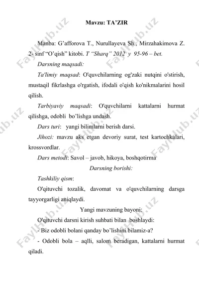 ta'zir 2-sinf o'qish dars ishlanma — DOC