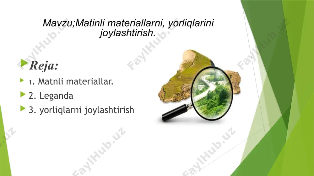 rdan iborat bo’ladi.legenda shartli belgilar tizimidan va tushuntirish yozuvlaridan iborat bo’lib, kartadagi voqea va hodisalarni tushuntirishni osonlashtiribgina qolmasdan, balki uning mazmunini ham belgilaydi . legendaning mohiyati alohida belgilarni tushuntirish bilan chegaralanmaydi. unga kartaning mazmuni haqida umimiy ma’lumot olish va karta olinayotgan obyektlar bo’yicha tasavvurga ega bo’lish uchun murojat qilinadi. har qanday kartaning legendasiga quyiladigan talablar 1.legenda to’liq bo’lishi kerak 2.legendaning shartli belgilari kartadagi shartli belgilar bilan bir xil bo’lishi lozim 3.ishlatilgan tasvirlash usullari legendada yaqqol ifidalanishi va ular aniq tushuntirilishi zarur legendalar hajmi va mazmunan murakkabligi bo’yicha quyidagi turlarga bo’linadi. 1.elementar legendalar 2.birlashgan elementar legendalar 3.tipologik legendalr 4.birlashgan tipologik legendalar 5.ko’plab ko’rsatkichlarni va tavsiflarni va tavsiflarni,elementar va tipologik legendalarni birlashtirgan legendalar majmuali (kopleks ) legendalar deyiladi 3.yorliqlarni joylashtirish yorliqlar- kartada shartli belgilar va nomlarning joylashishini shkalalarga biriktirilgan yozuvlarni o’z ichiga oladi. bo’nday holatlar ‘masshtab’ yoki uning mildaki birliklarni tasvirlashda grafik vazni uning ma’nosiga bo’liq holda bo’lishi zarur. kartaning maqasadi va …