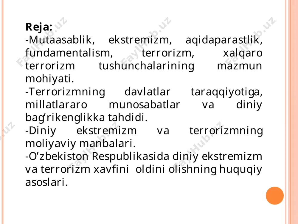 sh diniy ekstremizmga olib keladi. «diniy ekstremizm» – jamiyat uchun an’anaviy bo‘lgan diniy qadriyatlar va aqidalarni rad etish, ularga zid g‘oyalarni aldov va zo‘rlik bilan targ‘ib qilishga asoslangan nazariya va amaliyotni anglatadi. ekstremistik qarashlarni barcha dinlarda, buddizm, xristianlik, islomdagi turli oqimlarda uchratish mumkin. «terror»– (lotincha – «qo‘rqitish», «vahimaga solish») – aholining keng qatlamlarida dahshat va qo‘rquv uyg‘otish, jamiyatda beqarorlik keltirib chiqarish orqali davlat hokimiyatini egallash maqsadiga qaratilgan jinoiy faoliyatdir. terror, terrorchilik faoliyati, terrorchi birgalikda bir butun hodisa sifatida terrorizmni tashkil etadi. hozirgi davrda u global miqyos kasb etib, xalqaro terrorizmshaklini oldi. xalqaro terrorizm-xalqaro terrorizm tushunchasi davlatlar, xalqaro tashkilotlar, siyosiy partiya va harakatlarni beqarorlashtirishga qaratilgan siyosiy qo‘poruvchilik faoliyatini ifodalaydi. u alohida siyosiy arboblarni o‘ldirish yoki ularga qasd qilish orqali xalqaro ijtimoiy-siyosiy aks-sado beradigan buzg‘unchi siyosiy harakatlarni ifodalash uchun ham ishlatiladi. terrorchilik harakatlarining: - xalqaro huquq himoyasidagi ob’ekt yoki sub’ektlarga qarshi qaratilgani; - davlatlar chegaralarini buzish orqali amalga oshirilishi; - a’zolari ikki …