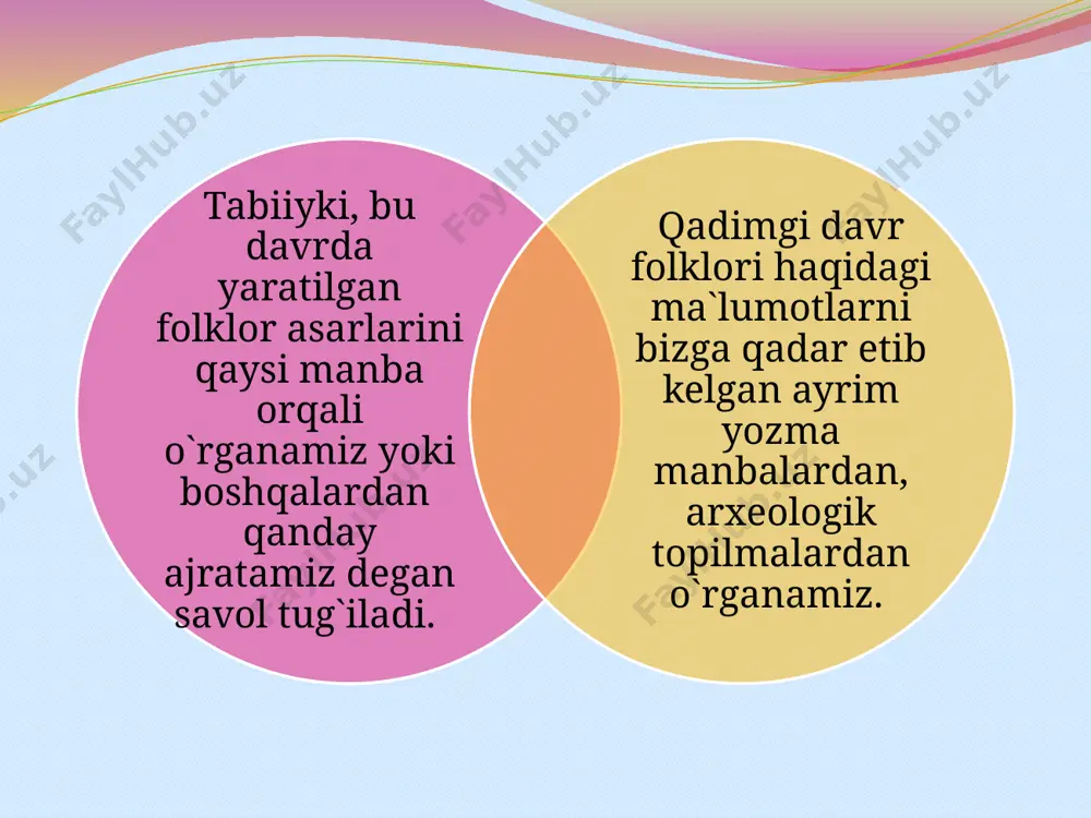 ri bilan bog`liq narsalarning homiysi bo`lgan. xalqimiz orasida mavjud bo`lgan kayumars (gayya martan, gavomard), yima (jamshid) haqidagi afsonalr ham «avesto» orqali bizga qadar etib kelgan. turkiy xalqlar folklorida afsona va rivoyatlar juda ko`p. olimlarning ta`kidlashicha, real hayotda ro`y berishi mumkin bo`lmagan voqealar haqidagi hikoyalar afsonalar deb yuritiladi, lekin hamisha ham bu mezonga amal qilingan emas. hayotda ro`y berishi mumkin bo`lgan hayratli voqealar rivoyat nomi bilan yuritilgan. ma`lum bo`ladiki, afsona va rivoyatlar o`rtasida aniq chegarani belgilash mushkuldir. xalqimiz orasida bugungi kunda ham fazoviy jismlar, hudud nomlari, rasm - rusumlar, tarixiy voqea - hodisalar bilan bog`liq afsona, rivoyatlar yashab kelmoqda. hatto ular orasida hajviy ruhdagilari ham uchraydi. tariximizda avloddan-avlodga meros bo`lib kelayotgan to`maris, shiroq, rustam, zariadr va odatida, guldursun, dalvarzin, qonqus, kuyganyor, chuli-chuli kabi afsona va rivoyatlar madaniy merosimizning tarkibiy qismi hisoblanadi. qadimgi adabiy merosimiz juda katta tarbiyaviy ahamiyatga ega, chunki har bir mif va afsona xalqimiz orzu-armonlarini ifodalash bilan birga biror …