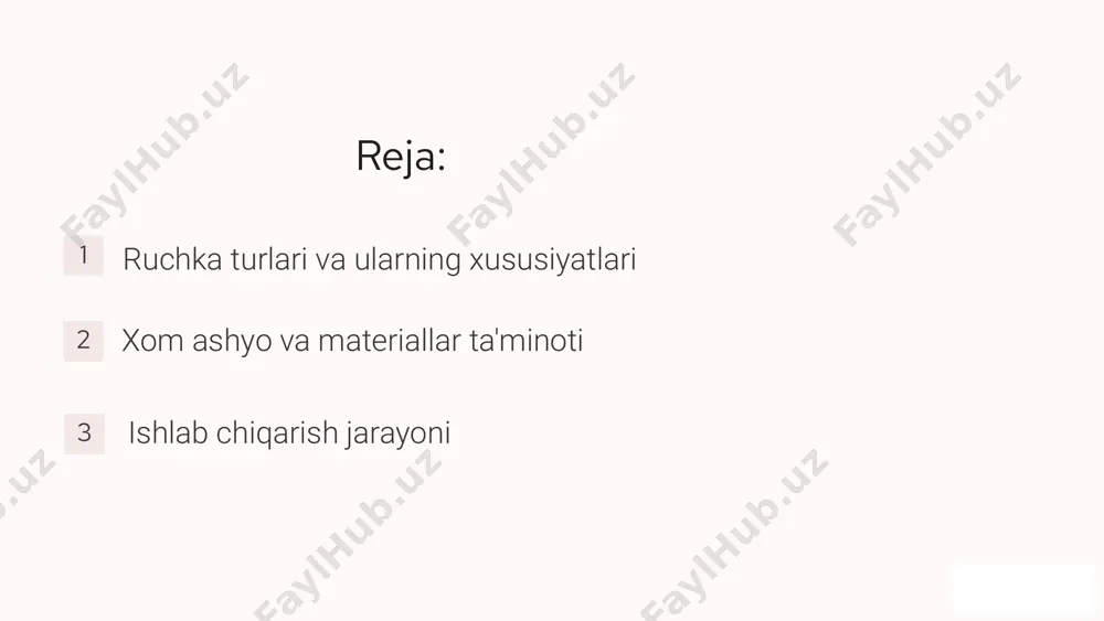 ditoriya talabalar, ofis xodimlari, rassomlar, yozuvchilar sotish kanallari chakana savdo do'konlari, onlayn platforma, o'z do'koni reklama internet reklama, ijtimoiy media, televideniye 8 kelajakdagi rivojlanish istiqbollari va innovatsiyalar 1 yangi materiallar engil, bardoshli, qayta ishlanadigan 2 raqamli texnologiyalar qalamlarni digitalizatsiya qilish, smart qalamlar 3 yangi xususiyatlar aralashtirish, rang tanlash, xotirlash xususiyatlari 9 xulosa ruchka ishlab chiqarish - bu tez rivojlanayotgan soha. yangi texnologiyalar, xom ashyo va marketing strategiyasi soha rivojlanishini ta'minlaydi. 10 image1.png image2.png image3.png image4.png image5.png image6.png image7.png image8.png image9.png image10.png image11.png