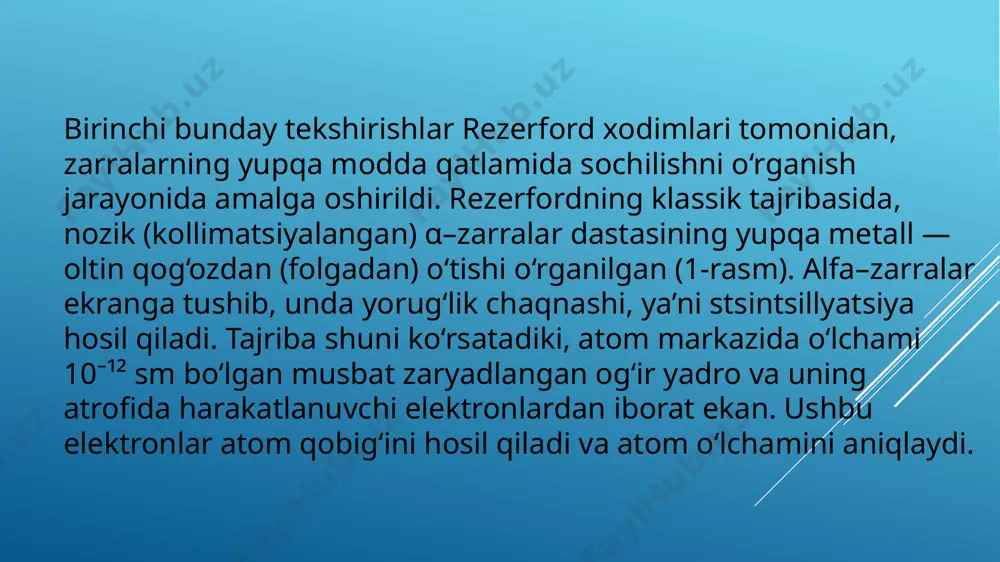 ichdan amalga oshiriladi. shuni ham eslatib o‘tish kerakki, schyotchikka plata rejimiga mos keluvchi oldindan tanlangan ishchi kuchlanish qiymati beriladi. schyotchikka ushbu kuchlanish qiymatidan katta kuchlanish berish qat’iyan man qilinadi. schyotchikda muayyan shaklda kelgan elektr signal ps02–5 sanash asbobiga kelib tushadi. ushbu asbobni impuls hisoblash rejimiga sozlab qo‘yiladi. o‘lchashlar quyidagi tartibda bajariladi: 1. ta’minot bloki va hisobga olish asbobi elektr manbaiga ulanadi. 2. radioaktiv nurlanish manbai qo‘ymasdan 5 minut davomida tabiiy radioaktiv fon o‘lchanadi. radioaktiv fon — bu kosmik nurlar va atrof muhitning tabiiy radioaktiv nurlanishlari natijasida vujudga keladi. keyingi hamma o‘lchash natijalaridan fon hisoblash tezligini ayirish zarur. 3. tez zlektronlar manbaini kollimator xalqasiga joylashtiriladi va qayd qilish yo‘nalishi va birlamchi dasta orasidagi burchaklar uchun sanash tezligi o‘lchanadi. burchaklar o‘lchash qadami 10°, o‘lchash vaqti esa 5 min. 4. kollimator teshigini sochuvchi nishon (10 mkm qalinlikdagi alyuminiy folga) bilan to‘siladi va 3-qadamdagi o‘lchashlar bajariladi. 5. ish yakunida yana bir o‘lchanadi. natijani qayta …