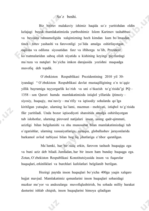 sonning oliy qadriyat sifatida baholanishi mamlakatimizda strategik vazifalariga hamohangdir. xususan, bu boradagi barcha o`zgarishlarni mazmun-mohiyati ham inson va uning qadr – qimmatini ko`tarish bilan bog`liq. vatan va inson mafaati - oily maqsad. o`zbekiston respublikasi prezidenti islom karimov: “ bugun biz tarixiy davrda - xalqimiz o`z oldiga ezgu va ulug` maqsadlar qo`yib, tinch osoyishta hayot kechirayotgan, avvalambor, o`z kuch va imkoniyatlariga tayanib, demokratik davlat va fuqarolik jamiyat qurish yo`lida ulkan natijalarni qo`lga kiritayotgan bir zamonda yashamoqdamiz”, - degan edi. avvalo, tarixan qisqa davr, bir o`spirin yoshiga teng vaqt davomida davlatimiz uchun siyosiy sohada, davlat va jamiyat qurilishi borasida har tomonlama rivojlanish va yuksalish davri bo`lganligi bugun hech kimga sir emas. o`zbekistonning mustaqilligi oson va o`z – o`zidan qo`lga kiritilmadi, balki yurtboshimiz rahnamoligida xalqimizning sobitqadam va sermashaqqat faoliyatining natijasi bo`ldi. shu ma`noda istiqlol kimningdir in`omi emas, balki ko`plab kurashlar, muntazam hamda samarali faoliyati asosida qo`lga kiritilgan qonuniy natija, xalqimizning ulkan yutug`idir. bugungi …