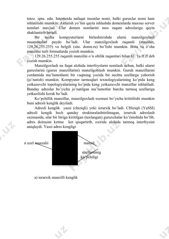 ifiqatori. yuqori darajali domenlarga kuydagilar kiritilgan: com – tijorat tashkilotlari uchun masalan: microsoft.com.ibm.com. edu – ukuv muassalari uchun, masalan: vcu.edu (virgima commowealth university), cmu. edu (kornegi mellon universiteti) gov – davlat muassasalari uchun: masalan: watehouse. gov (ok uy). org – notijorot tashkilotlar uchun, masalan: irex. org (ayreks tashkiloti). net­ internetning xizmat provayderlari uchun, masalan: internec. net (inter ntc) davlatlarni izoxlovchi domen kodlari mavjud: ·uz o’zbekiston · li lixtenshteyn ·uk buyuk britaniya · ch xitoy ·ca kanada · ru rossiya ·ch shveytsariya · de germaniya ·av avstraliya internet adreslaridan foydalanuvchilarga tarmoqga ulangan kompyuterda ularning registratsion nomlari bo’lishi mumkin. bu nomdan sung @ belgi bo’ladi. barcha tomondagilar kompyuter nomiga birlashtiriladi. masalan: kompyuterda axmad nomi bilan registratsiya qilingan foydalanuvchi, internetdagi mavjud nom tutoz. sptu. edu adresi kuydagicha bo’ladi: axmad @ tutoz. sptu. edu. internetda nafaqat insonlar nomi, balki guruxlar nomi ham ishlatilishi mumkin. axtarish yo’lini qayta ishlashda domenlarda maxsus server nomlari mavjud. ular …