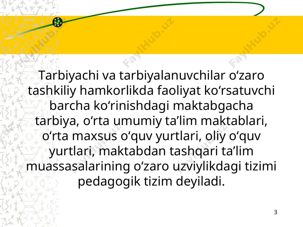 ng ta’lim sohasidagi tajribalaridan foydalanilganligi. * o‘quv rejasi – oliy ta’limning muayyan yo‘nalishi yoki mutaxassisligi bo‘yicha o‘quv faoliyati turlari, o‘quv fanlari, kurslarining tarkibi, ularni o‘rganishning izchilligi va soatlardagi hajmini belgilaydigan normativ hujjat xisoblanadi. * o‘quv reja o‘quv jarayonini aniqlashtiradigan eng asosiy hujjat bo‘lib unda bloklarning nomlari, o‘quv fanlarining nomlari, xajmi, fanlarning o‘qitish ketma-ketligi, o‘tiladigan dars mashg‘ulotlarining (ma’ruza, seminar, amaliy mashg‘ulot, laboratoriya) turlari, joriy attestatsiyalar, malakaviy amaliyotlar, ta’tillar, davlat attestatsiyalari va malakaviy bitiruv ishlarining himoyasi ko‘rsatiladi. o‘quv rejadagi bloklar nomi: gumanitar va ijtimoiy-iqtisodiy fanlar matematik va tabiiy ilmiy fanlar umumkasbiy fanlar ixtisoslik fanlari qo‘shimcha fanlar bloki * fan dasturi me’yoriy hujjat sifatida oliy ta’lim muassasalarida ta’lim faoliyatining asosi bo‘lib hisoblanadi. unda o‘quv fanlari bo‘yicha talabalar tomonidan o‘zlashtiriladigan asosiy bilim va zaruriy ko‘nikmalar nazarda tutiladi. * namunaviy o‘quv dasturi quyidagilarni o‘z ichiga oladi: kirish asosiy qism amaliy mashg‘ulot mavzulari seminar mavzulari mustaqil ta’lim mavzulari tavsiya etiladigan darsliklar va o‘quv qo‘llanmalar ro‘yxati. davlat …