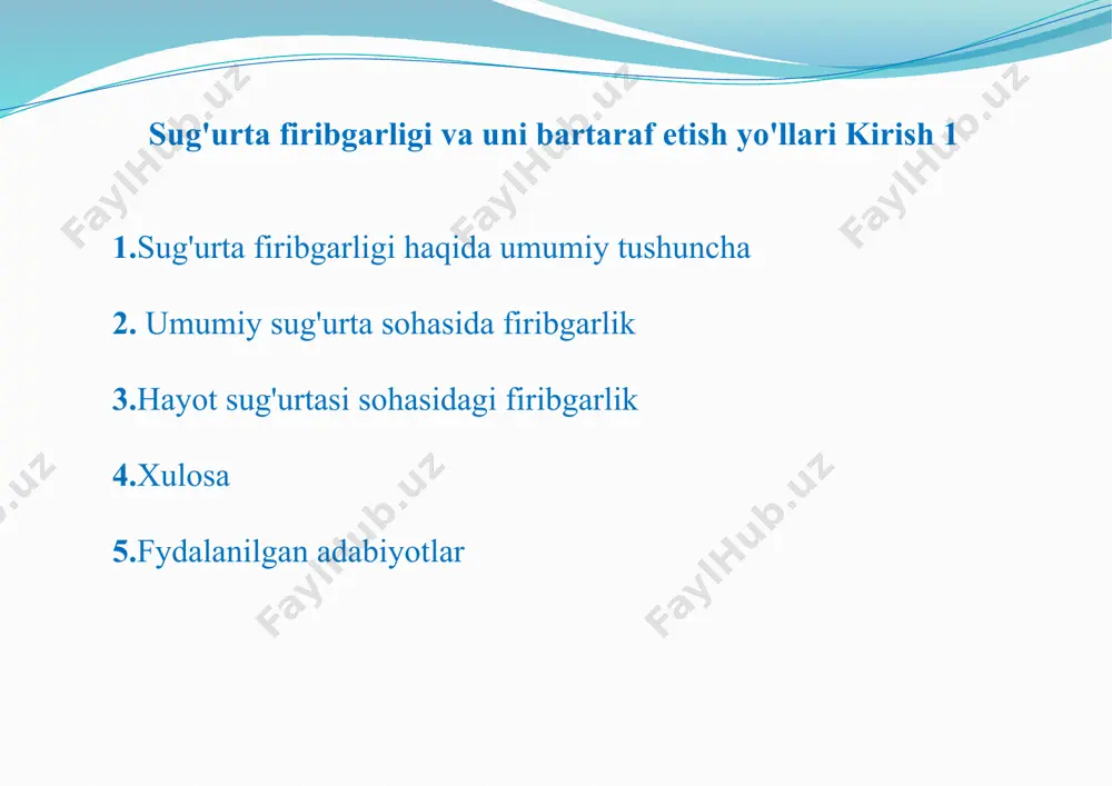 aytidagi sug'urta firibgarligining birnecha turlari: 1. sug‘urta summasining sug'urtalanayotgan obektning haqiqiy bahosidan yuqori belgilanishi sug'urta summasi qanchalik baland bo'lsa, sug'urta mukofoti ham shunga nisbatan baland bo'ladi. bir tomondan qaraganda sug'urtalovchi uchun bu foydali. boshqa tomondan esa, sug'urta summasi qanchalik ko'p belgilangan bo'lsa sug'urta hodisasi ro'y berganda sug'urtalanuvchi shuncha ko'p sug'urta qoplamasi talab qiladi. bu esa sug'urta flribgarligi bo'lishining motivi bo'lib hizmat qiladi. aldov esa o'z-o'zidan juda oddiy: buning uchun shunchaki shartnoma tuzishdan oldin yolg'on ma’lumot berish kifoya. sug'urta summasi baland bo'lishi uchun. qo'shimcha mulklarni sug'urta obyektiga tegishli qilib ko'rsatish yetarli. bu tur sug'urta aldovlari ichida klassik turga kiradi. 2. bir vaqtning o'zida bir necha sug'urta kompanivasida sug'urtalash. ayni bir mulk, odatga ko'ra yuqori sug'urta summasi bilan, bir necha sug'urta kompaniyalarida sug'urtalanadi. bu holatda sug'urtalanuvchi oldindan yolg'on ishlatadi. xususiyatiga ko'ra, sug'urta shartnomasi tuzilganiga ko'p bo'lmasdan sug'urta hodisasi bo'lganligi haqida arz qilinadi. bu turdagi sug'urta flribgarligi ko'pincha vuklami tashish va transport sug'urtasi …