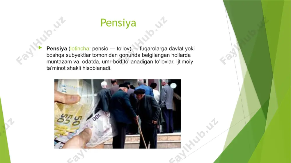iya olish huquqi ham beriladi. p.ning turli xillarini olish huquqiga ega boʻlgan fuqarolarga ularning tanlashiga qarab bitta pensiya tayinlanadi. umumiy asoslarda tayinlanadigan yoshga doir pensiya erkaklar — 58 yoshga toʻlganda va ish staji kamida 25 yil boʻlgan taqdirda; ayollar — 53 yoshga toʻlganda va ish staji kamida 20 yil boʻlgan taqdirda pensiya olish huquqiga ega boʻladi[3]. nogironlik uchun nafaqa mehnat qobiliyatini amalda uzok, muddatga yoki bu-tunlay yoʻqotish (nogironlik) munosabati bilan tayinlanadi. nogironlik p.i nogironlik qachon boshlanganidan: ish davridami, ishga kirguncha yoki ishni toʻxtatgandan keyinmi, bundam qatʼi nazar, quyidagi shaxslarga tayinlanadi: mulkchilik shakli, xoʻjalik yuritish usuli va turidan qatʼi nazar, korxonalarda, mu-assasalar, tashkilotlarda mehnat shartnomasi asosida ishlayotgan xo-dimlarga; jamoa, kooperativ, ak-siyadorlik, jamoa korxonalari aʼzosi boʻlgan xrlda u yerda mehnat qilgan shaxslarga; qarbiy xizmatchilarga; byudjetdan tashqari pensiya jamgʻarmasip belgilangan badallarni mun-tazam toʻlab kelgan yuridik shaxs tashkil etmasdan faoliyat yuritayotgan tadbirkorlarga, dehqon xoʻjaligi aʼzolariga; pensiya jamgʻarmasiga tegishli badallar toʻlangani holda ij-timoiy davlat sugʻurtasi …