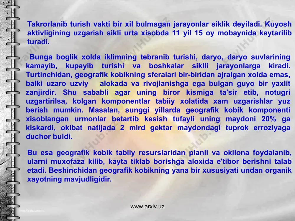 dagi moddalar erib, magmalar xosil kiladi va u yer yoriklari orkali yukoriga joylashgan. shu sababli atmosfera vulkanlar va yer kimirlash uchogi sifatida geologik jarayonlar tarakkiyotida aktiv ishtirok etadi. v) ya d r o – 2900 km dan 6371 km chukurlikkacha bulgan joylarni uz ichiga oladi. yer yadrosi uz navbatida tashki yadro, utkinchi katlam va ichki yadrosiga bulinadi. www.arxiv.uz www.arxiv.uz www.arxiv.uz www.arxiv.uz yerning issiklik manbai kuyosh energiyasi va yerning ichki energigiyasidir. yerning ichki energiyasi yerning ichki kismida moddalarning silkishi va radioaktiv elementlarning parchalanishidan vujudga kelgan. shu sababli yerning ustki kismida kuyosh nurining ta'siri xaroratining sutka davomida uzgarishi 1 m chukurlikkacha yillik uzgarishi esa 30-40 m chukeurlikgacha seziladi. ma'lum chukurlikda xarorat deyarli yil buyi uzgarmaydi, bu katlam neytral katlam deyiladi. uning chukurligi ekvatordankutblarga tomon uzgaradi. neytral katlamdan kuyida urtacha xar 33 m da xarorat chukurlashgan sari 1 gradus ortadi.buni geometrik boskich deyiladi. shunday kilib, yer sharining issiklik manbai bu ekzogen va endogen …