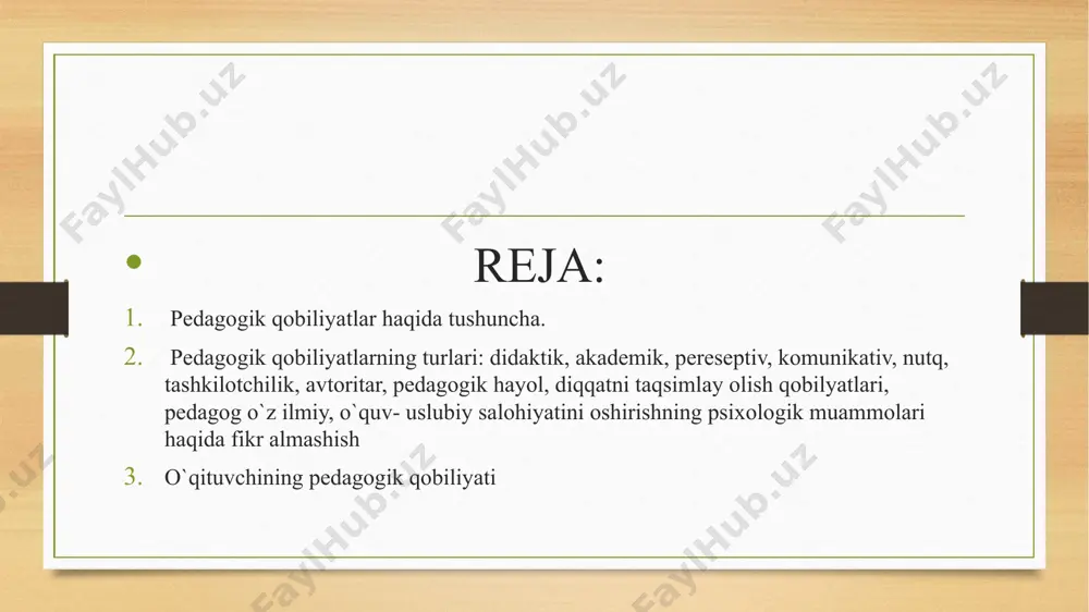 ishmasi bo`lib pedagog faoliyatining eng yuqori cho`qqisi, chunki u unga ajratilgan eng qisqa vaqt ichida eng yuqori mukammal natijaga erishadi. olimlarning uzoq yillar olib borgan ilmiy tadqiqotlari va kuzatishlari natijasida pedagog qobiliyatlarni quyidagi asosiy sifatlari ko`rsatilgan: o`z kasbiga muhabbat, o`quvchilarni seva olishi, mutaxasislik fanini mukammal bilishi, unga qiziqishi pedagogic taktga ega bo`lishi o`z kasbiga ijodiy yondashishi javobgarlik his etishi tarbiyaviy bilimlarni egallanganligi. e`tiboringiz uchun raxmat image5.png image6.png image3.png image4.png /docprops/thumbnail.jpeg