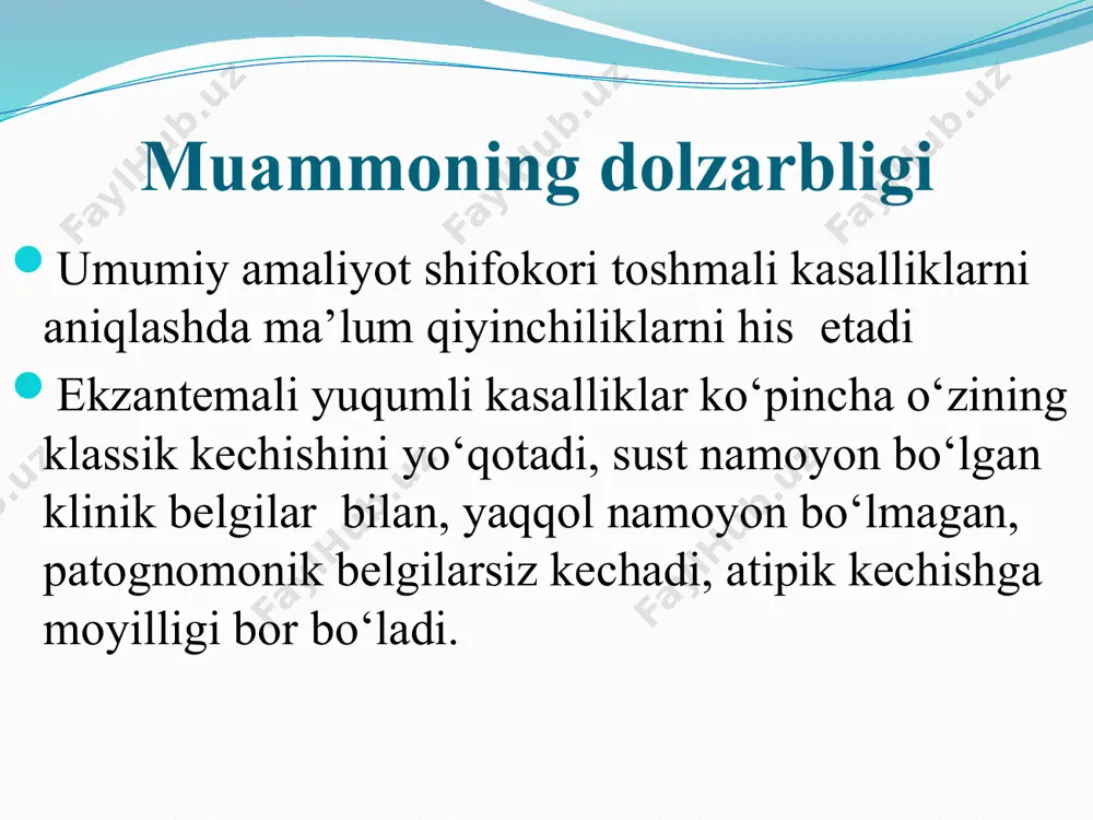 alliklari; kamdan-kam holatlarda uchraydi ( yuqumli mononukleoz, leptospiroz, virusli gepatit va boshq.). ekzantemalar yuqumli kasalliklarda turlicha bo`ladi shu munosabat bilan diagnostikada turli xil yuqumli kasalliklar toshmalarning borligi, yoki yo‘qligi katta ahamiyat kasb etadi. toshmalarning alohida elementlari xarakteriga ko‘ra: joylashishi, paydo bo‘lish muddati, bosqichma-bosqich toshishi, alohida elementlarning dinamikada rivojlanishi va b.q. ekzantemaning turli elementlarini xarakteristikasi 1. rozeola (roseola) - oq-pushti yoki qizil rangli, dumaloq shakldagi, terini cho‘zganda yo‘qoladigan dog‘cha, mayda, nuqtasimon. ich terlamada, paratifda, toshmali tifda, tarqalgan salmonellezda, rikketsioz va sifilisda uchraydi 2. dog‘ (macula) – noto‘g‘ri shaklga ega, qon tomir kengayishi natijasida paydo bo‘ladi, pushti-qizg‘ish rangli, teri sathidan ko‘tarilmaydi, 5-10 mm gacha kattalikda bo‘ladi. diametriga qarab mayda va yirik dog‘ deb aytiladi. qizilchada-mayda, qizamiqda-yirik dog‘li toshma bo‘ladi. 3. eritema ( erythema) – terining keng giperemiyalangan sohasida, teri qizil rangda, terining so‘rg‘ichli va so‘rg‘ich osti qavati qon tomirlarining kengayishi natijasida bo‘ladi, yallig‘lanish bo‘lmaydi. yirik dog‘larni qo‘shili- shi natijasida (qizamiqda, rozenberg eritemasida). …