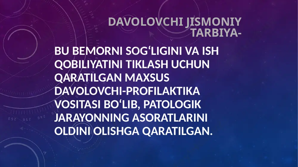 li poliklinika mashklarni xarakatiga karab kuyidagilarga ajratish mumkin: nafas olish mashklari korreksiya kiluvchi mashklar mushaklarni bushashtirish uchun mashklar mushaklarni chuzish uchun mashklar muvozanat saklovchi mashklar reflektor mashklar xarakatni koordinatsiyalovchi mashklar ritmoplastik mashklar gimnastik ash’yolar va snaryadlar bilan bajariluvchi mashklar jismoniy mashqlar. gimnastikali umumiyquvvatlovchi umumiymustaxkamlovchi nafas mashqlari maxsus mashg‘ulotlar o’yinlar: bir joyda kam xarakatlili xarakatli sportli yurish yugurish sakrash irgitish suzish eshkak eshish velosipetda yurish gimnastik mashg‘ulotlar. faollik belgilariga qarab: passiv passiv-aktiv aktiv anatomik belgilariga qarab, nafas (dinamik, statik, drenaj) asiklik siklik aerob anaerob gimnastik snaryadlar bilan gimnastik snaryadlarda nafas mashqlari statik, dinamik drenaj mashqlari, maxsus: tovushli gimnastika yuklamali mashqlar djt shakllari ertalabki gigiyenik gimnastika ddavolovchi gimnastik jarayon mustaqil bajarish u-n individual topshiriqlar sayir ekskursiya turizm terrenkur o‘yinli darslar ertalabki gigiyenik gimnastika uyinli darslar. xarakat tartibotlari statsionarda: 1. yotoq(qatiy) 2. yarim yotoq 3. erkin sanatoriyada: avaylovchi avaylovchi mashg‘ulotlar mashg‘ulotlar. davolovchi gimnastik jarayon. statsionardagi dbt ning asosiy formasi. uch qism: boshlang‘ich,asosiy, yakuniy …