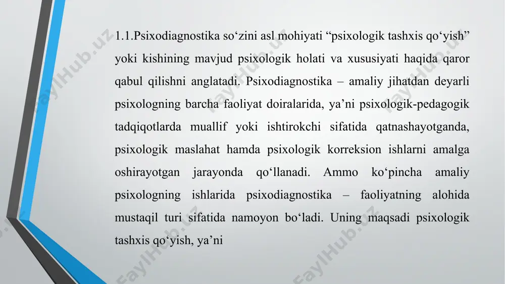 arga psixologik yordam ko‘rsatishdan iboratdir. ammo psixologik yordam ko‘rsatish uchun, awalo, ulardagi psixik o‘zgarishiar sabablarini va unga ta'sir qiluvchi omillarni aniqlash zarurati tug‘iladi. . bunda biz psixodiagnostika faniga va uning metodlari hamda metodikalariga murojaat qilamiz. 0‘z-o‘zidan savol tug‘iladi: «psixodiagnostika» atamasi nimani anglatadi va u nimalarni o‘rganadi hamda uning nazariy, amaliy vazifalari nimalardan iborat? «psixodiagnostika» atamasi psixologik. tashxis qo‘yish degan ma'noni anglatib, shaxsning ruhiy holati, biror-bir alohida xususiyati haqida xulosa chiqarishdir, bunda «tashxis» shaxsning taraqqiyot ko‘rsatkichi va tavsifnomalami birgalikda tahlil qilish asosida sinaluvchining holat va xususiyatlari haqidagi xulosalardan iborat. «psixodiagnostika» atamasi ilk bor rorshaxning «psixodiagnostika» asari chop etilishidan so‘ng psixiatriyada qo‘llanilgan bo‘lib, u tez orada tibbiyotdan tashqarida ham keng miqyosda ommalasha boshladi. «diagnoz», ya'ni«tashxis» esa shaxs rivojlanishidagi har qanday og‘ishlarni, hattoki uning holat va xususiyatlarining konkret taraqqiyot darajasini aniqlash demakdir. psixodiagnostika — bu maxsus bilimlar sohasi bo‘lib, individ guruhning psixologik taraqqiyot ko‘rsatkichlarini, holat va xususiyatlarini baholash uchun metodikalar majmuini ishlab chiqish …