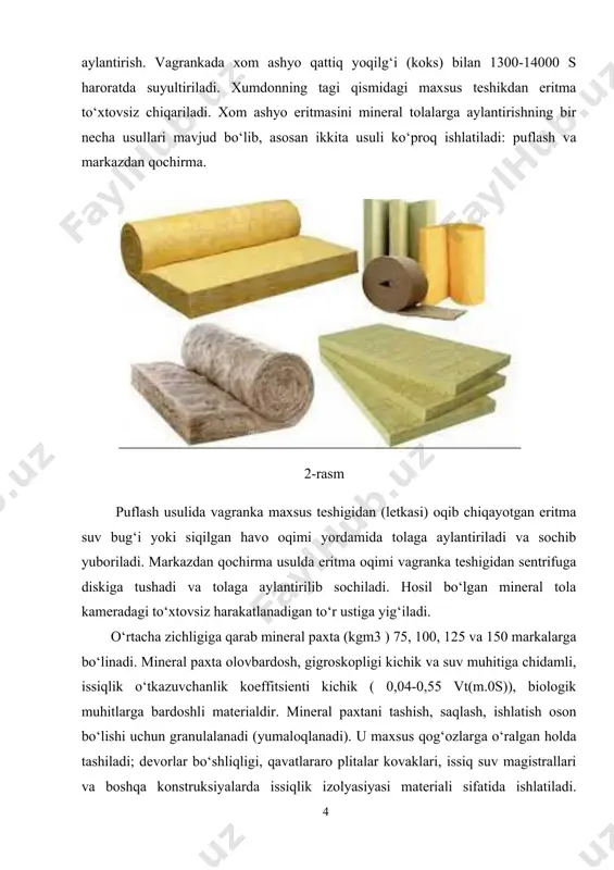 h konstruksiyalari, texnologik uskunalar va truboprovodlarni issiqlik izolyasiyasi uchun ishlatiladi. gofri strukturali mineral paxta buyumlar tarkibida 30% gacha vertikal yo‘naltirilgan tolalar 30% bo‘lib, o‘rtacha zichligi 140-200 kg m 3 . bu plitalar deformativligi kichik va mustahkamligi gorizontal yo‘nalgan tolali plitalarga nisbatan 1,7-2,5 marta yuqori bo‘ladi. mineral paxta bikr plitalar va fason buyumlar (qobiqlar, segmentlar, yarim silindrlar) polimer, bitum va mineral bog‘lovchilar (sement, giltuproq, suyuq shisha va boshq.) asosida ishlab chiqariladi. mustahkamligini oshirish maqsadida bikr plitalar tarkibiga kalta tolali asbest kukuni kiritiladi. plitalarning o‘rtacha zichligi 100-400 kg m 3 , issiqlik o‘tkazuvchanligi 0,051- 0,135 vt (m.0s), qalinligi 40-100 mm bo‘ladi. mineral paxta yarim bikr va yumshoq plitalar polimer, bitum va kraxmal bog‘lovchilar asosida ishlab chiqariladi. polimer bog‘lovchilar asosidagi buyumlar (plitalar, silindrlar, segmentlar, matlar) mustahkamligi yuqori va ko‘rinishi chiroyli bo‘ladi. plitalarning o‘rtacha zichligi 35-250 kgm3 , issiqlik o‘tkazuvchanligi 0,041-0,07 vt(m.0s). ular cherdaksiz yopmalar va cherdak orayopmalarini isitish, grajdan va sanoat binolarining devorlarini …