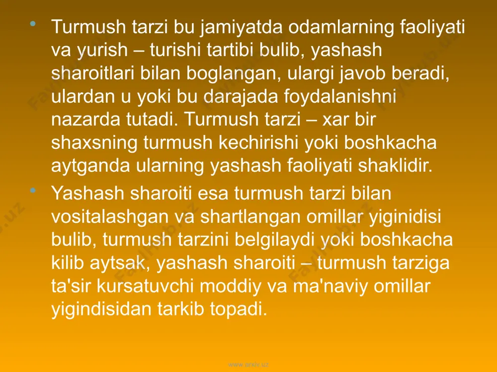 yordam olish darajasi, axolining savodxonligi, ish vaktining davomiyligi, salomatlik kursatkichlari va dеmografik jarayonlar xolati kailar bilan bеlgilanadi. turmush tarzini bеlgilovchi bosh omil insonning uzidir. inson uzi uchun ijod kiladi, yashashi uchun sharoit yaratadi. turmush tarzi inson faoliyatining shunday «tayanch nuktasiki», tibbiyot ilmi unga tayangan xolda, odamlar salomatligini tubdan yaxshilashga erishishga yul topadi. www.arxiv.uz www.arxiv.uz soglom turmush tarzi – shunday yashash tarziki, unda odamlar salomatligiga ta'sir kursatuvchi zararli omillar bulmasligi, inson ulardan ongli ravishda uzini chеtga olishi kеrak. soglom turmush tarzi yoki okilona yashash tarzi tushunchalari kеng kamrovli bulib, uz ichiga insonning tugilishidan boshlab, umrining oxirigacha akl – farosat bilan yashashini – zararli odatlardan xoli bulishini, tugri ovkatlanib, tugri dam ola bilishi kabi kuplab boshka ijobiy xislatlarini oladi. www.arxiv.uz www.arxiv.uz soglom turmush tarzi – shunday yashash tarziki, unda odamlar salomatligiga ta'sir kursatuvchi zararli omillar bulmasligi, inson ulardan ongli ravishda uzini chеtga olishi kеrak. soglom turmush tarzi yoki okilona yashash tarzi tushunchalari …