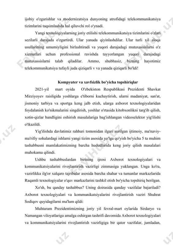 mehnat taqsimoti va kooperatsiyasi bilan ajralib turadi. ijtimoiyiqtisodiy boshqaruv mavjud ishlab chiqarish munosabatlari bilan bog’liq bo’lib, menejment maqsadlarini belgilaydi. тashkiliy-texnikaviy boshqaruv mehnat unumdorligi va ishlab chiqarish samaradorligining oshishi uchun sharoit yaratishga imkon beruvchi faoliyat turidan iboratdir. ijtimoiy-iqtisodiy boshqaruvning maqsadi ishlovchilar samarali mehnat qilishi uchun sharoit yaratish ularni ijtimoiy ximoya qilishning ishonchli umumdavlat tizimini shakllantirish, bandlikni ta’minlash va axolining kam ta’minlangan qatlamlarini qo’llab-quvvatlashdan iboratdir. mamlakatimiz prezidenti sh. mirziyoyev 2019 yilda mamlakatimizni rivojlantirishning eng muhim ustuvor vazifalari to’g’risidagi parlamentga murojaatnomasida quyidagi asosiy maqsad va vazifalarni keltiradi: iqtisodiyot sohasida oldimizda turgan vazifalar haqida gapirganda, avvalo keng qamrovli iqtisodiy islohotlar negizida quyidagi maqsadlar mujassam ekanini qayd etish lozim: – ochiq iqtisodiyot, sog’lom raqobat, ishbilarmonlik va investitsiya muhitini tubdan yaxshilash uchun zarur sharoitlarni yaratish; iqtisodiyotda davlat ishtirokini kamaytirish, xususiy sektorni jadal rivojlantirish orqali yangi ish o’rinlarini ko’paytirish; – iqtisodiyotni modernizatsiya va diversifikatsiya qilish, mehnat unumdorligini oshirish orqali yuqori iqtisodiy o’sishni ta’minlash; – “yashirin” iqtisodiyotga qarshi …