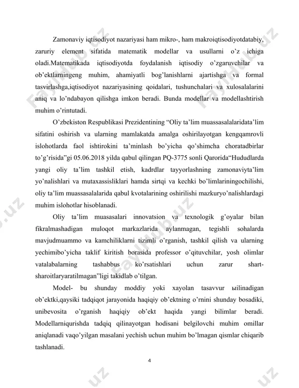 rish qadimgi zamonlardanoq qo’llanilaboshlandi va asta sekin ilmiy bilimlarning qurilish va arxitektura, astranomiya,fizika, ximiya, bilologiya va pixoyat, ijtimoiy fanlar kabi tabora yangi sohalariniqamrab ola boshladi. birinchi matematik modellar f.kene, a.smit (klassikmakroiqtisodiy model), d.rikardo (xalqaro savdo modeli) tomonidan ishiatilgan. xx asr zamonaviy fanning amalda barcha sohalarida modellashtirish usuliga katta muvaffaqiyatlar va obro'-e'tibor keltirdi. turli iqtisodiy hodisalarni o'rganish uchun ularning iqtisodiy modellar deb ataluvchi soddalashtirilgan formal tasvirlaridan foydaianiladi iste'moltanlovi modellari, firma modellari, iqtisodiy o'sish modellari, tovar va moliyabozorlaridagi muvozanat modellari va boshqa ko'p modellar iqtisodiymodellarga misol boiadi. iqtisodiyotda matematik model — bu iqtisodiy ob'ektlar yokijarayonlarni tahlil qilish yoki boshqarish maqsadida ularning matematiktasvirlanishi, ya'ni iqtisodiy masalaning matematik yozuvi, iqtisodiy ob'ektningmatematik modeli — bu uning funksiyalar, tenglamalar, tengsizliklar,mantiqiy munosabatlar, grafiklar majmuasi ko'rinishidagi aks ettirilishidir. bundayaks ettirish o'rganilayotgan ob'ekt elementlarining munosabatlari to’plaminimodel elementlarining shunga o'xshash munosabatlariga birlashtiradi. iqtisodiy-matematik modelllarni amaliyotda qo'llash usullari iqtisodiymatematik usullar deb ataladi, iqtisodiy-matematik usullar (imu) iqtisodiyotnio'rganish uchun birlashtirilgan iqtisodiy va matematik …