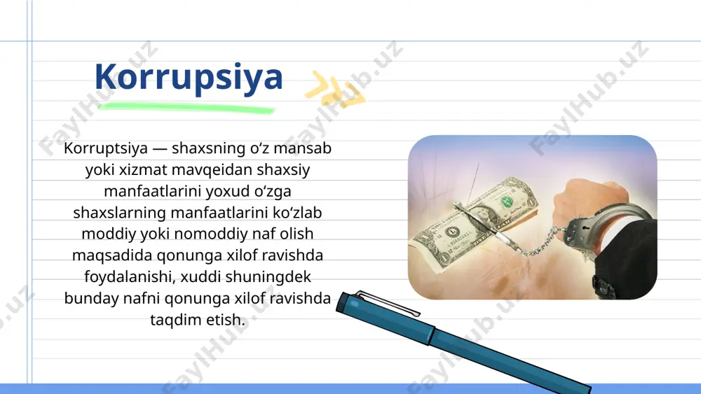 iyatidagi mansabdor shaxslar, xizmatchilarning foydasi va sarf-harajatlari va ular tomonidan xizmat vazifalarini bajarishi ustidan nazoratni yo‘qligi, shuningdek, korrupsiyaviy holatlarga e’tiborsizlik. korrupsiya turlari rastrata mansabdor shaxsga ishonib topshirilgan resurslarni shaxsiy maqsadlarda sarflashdan iborat. u oddiy o‘g‘rilikdan shunisi bilan farq qiladiki, shaxs dastlab resurslarni tasarruf qilishga qonuniy huquqni qo‘lga kiritadi. korrupsiyaning eng xavfli shakllari og‘ir jinoyatlar sifatida baholanadi. ular qatoriga, eng avalo, qonunga xilof ravishda sarf etilgan pul (rastrata) va pora kiradi. pora korrupsiyaning bir turi bo‘lib, bunda mansabdor shaxsning harakatlari unga belgilangan foyda taqdim etish evaziga yuridik yoki jismoniy shaxsga xizmat ko‘rsatishdan iborat. aksariyat hollarda agar pora berish ta’magirlikning oqibati bo‘lmasa, asosiy foydani pora beruvchi oladi. korrupsiyaning eng xavfli shakllari ayrim harakatlar jinoiy, boshqa harakatlar esa – axloqsiz harakatlar hisoblanadi. axloqsiz harakatlar qatoriga, qoidaga ko‘ra, meritokratiya tamoyillarini buzadigan siyosiy yo‘nalishlar asosida homiylik qilish va oshna-og‘aynigarchilik qilish kiradi. biroq korrupsiyaga nisbtan ijobiy munosabat ham uchraydi. korrupsiyani qonun rivoji sust bo‘lgan joylarda qonun …