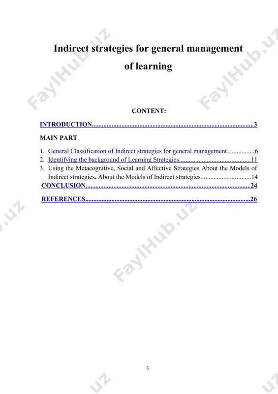 n reasons why chronic misbehavior happens: a difficult personal situation from outside the school that disrupts a student's ability to learn; course content or lesson goals that are above the student’s ability level that bring on escape behavior; environmental situations within the classroom that inhibit the student’s ability to learn in a mode best suited for the student; the teacher had not established and reinforced clear behavior and academic expectations within reachable limits of the students in the class. the subject matter of this course work is that the role of developing indirect strategies for general management of learning. the object of this course work is devoted to study the role of indirect strategies for general management of learning. the actuality of the course work is determined by the necessity teaching indirect strategies and methodological units in a particular age groups. the analysis will be used to achieve the aim …