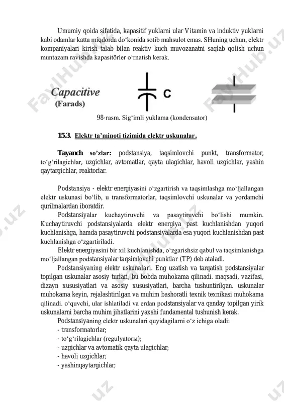 ashlandi uzoq so‘ng zaryadlangan qoladi mumkin. kondansatör yuk misollar tv rasm naychalari, uzoq uzaytirish simlari, va elektron qurilmalar ishlatiladigan qismlari. qarama-qarshi indükleyicileri uchun, chunki zaryadlash toki to‘liq kuchlanish qadar zaryadlash bu dielektrik materiallar uchun vaqt kuchlanish (o‘rniga demabmidim of) kondensatorlar bosqichlari bilan bog‘liq oqim. shuning uchun, u bir kapasitör joriy kuchlanish keladi, deb aytiladi. imkoniyatlar bloklari (o‘lchov) farads deyiladi. indükleyicileri o‘xshash, kapasitörler bilan bog‘liq elektr, shuningdek, reaktiv kuch deb ataladi, lekin qarama-qarshi qutblariga ega. shunday qilib, lasan ijobiy st- i yoq va kondensatorlar salbiy sti yoq bor bor. indükleyicileri salbiy st-i yoq sof nol reaktiv kuch talabini etakchi uchun, kapasitörler ijobiy st-i yoq tomonidan bekor qilinishi mumkin, e’tibor bering. kondensatorlar elektr davrlarini indüktörler amalga bekor qilish va yaxshilash qanday tizimi samaradorligini keyinchalik muhokama qilinadi. umumiy qoida sifatida, kapasitif yuklarni ular vitamin va induktiv yuklarni kabi odamlar katta miqdorda do‘konida sotib mahsulot emas. shuning uchun, elektr kompaniyalari kirish talab bilan reaktiv …