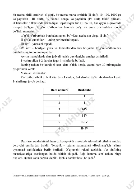 bo`lish ko`p uchramoqda. bunda predmetlar guruhlarga kiritish uchun shu predmetlarning mustaqil ish uchun imkoniyatlari mezoni bo`lib hisoblanadi. 1- guruhga matematika, grammatika, mehnat, tasviriy san'at kiradi, chunki bu predmetlarda qolganlariga nisbatan mustaqil ish uchun imkoniyatlari kattadir. hamma sinflarda matematika darslarining kombinatsiyalari sermahsulroqdir. bunda birinchi sinfdan ikkinchi sinfga o`tishda o`z diqqat – e'tiborini o’tkazish oson, bir jinsli material mustaqil ishlar vaqtida o’quvchilar e’tiborini kamroq tortadi. bundan tashqari, hamma sinf o`quvchilari uchun umumiy ish tashkil qilishga sharoit yaratiladi masalan: og`zaki mashqlar o`tkazish vaqtida doskada yozilgan sonlarni bir necha birlik orttirish (i sinf), bir necha marta orttirish (ii sinf), 10, 100, 1000 ga ko`paytirish iii sinf), 2 xonali songa ko`paytirish (iv sinf) taklif qilinadi. o`lchashlar o`tkazishda beriladigan topshiriqlar bir xil bo`lib, har qaysi o`quvchida mavjud bo`lgan to’g’ri to’rtburchak burchak bo`yi va enini o`lchashdan iborat bo`lishi mumkin. to’g’ri to’rtburchak burchakning eni bo`yidan necha sm qisqa (i sinf). ii sinf o`quvchilari – uning perimetrini topadi. iii …
