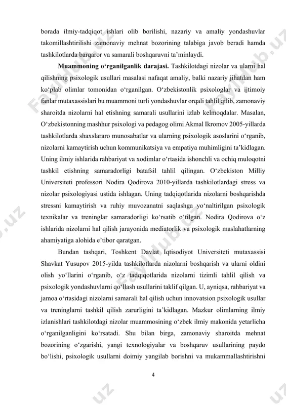 amarali muloqot va psixologik yondashuvlarning ahamiyatini ochib berish. 5. o‘zbekiston va xorijiy tajribalar asosida nizolarni boshqarishning amaliy yo‘llarini tahlil qilish. 6. kurs ishida nazariy xulosalar asosida amaliy tavsiyalar ishlab chiqish. kurs ishining predmeti. tashkilot ichidagi nizolarni hal qilish jarayonida qo‘llaniladigan psixologik usullar, ularning shakllari, mazmuni va amaliy qo‘llanish xususiyatlaridir. kurs ishining obyekti. tashkilotlarda faoliyat yuritayotgan xodimlar o‘rtasidagi ijtimoiy-psixologik munosabatlar va ular orasida yuzaga keladigan nizoli holatlardir. kurs ishining tuzilishi: kirish, 2 ta bob, umumiy xulosa va foydalanilgan adabiyotlar ro‘yxatidan iborat. i-bob. tashkilotdagi nizolar: mohiyati, turlari va sabablari 1.1. nizolarning mohiyati va ahamiyati tashkilotdagi nizolar — bu xodimlar, guruhlar yoki rahbariyat o‘rtasida manfaatlar, qarashlar, ehtiyojlar va qadriyatlar to‘qnashuvi natijasida yuzaga keladigan qarama-qarshiliklardir. nizolar har qanday ijtimoiy tizimda, jumladan, mehnat jamoalarida tabiiy holat sifatida yuzaga keladi. ular tashkilot ichida mavjud bo‘lgan ijtimoiy-psixologik muhit, shaxsiy munosabatlar va mehnat sharoitlarining o‘zaro bog‘liqligi natijasi sifatida namoyon bo‘ladi. nizolarning ijtimoiy jihati ularning tashkilotdagi guruhlar, bo‘limlar yoki …