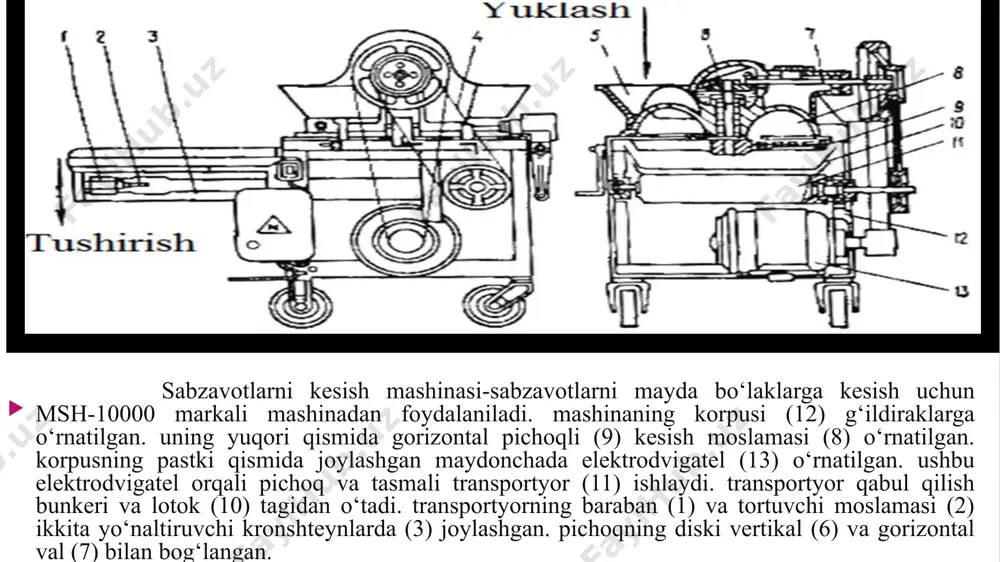 a tushadi va pichoqlar bilan doira shaklida kesiladi. kesilgan bo‘laklar mashinadan chiqariladi. bo‘laklarning qalinligini o‘zgartirish uchun pichoqlar almashtiriladi. mashinaning ishlab chiqarish quvvati 1400-1800 kg/soat. olmani tozalash va kesish mashinasi maydalagichlar. olma, pomidorni maydalash qurilmasi. maydalagichlar sharbatlar tayyorlashda qo‘llaniladi. olmalarni maydalash uchun 361 (bxr) turdagi maydalagichlar ishlatiladi. mashina quyidagi qismlardan iborat: stanina, korpus, val qopqog‘i, parrakli val, rotor, pichoq ushlagich, elektrodvigatel, mufta. val ichiga parrakli rotor o‘rnatiladi. pichoq ushlagichda esa 15 ta pichoq o‘rnatiladi. olmalar yuklash bunkeri orqali korpus ichiga tushadi va parraklar yordamida pichoqlar o‘rnatilgan tomonga harakatlanadi. rotor katta tezlik bilan aylanganda olmalarni pichoqlarga tashlaydi va mevalar maydalanadi. meva bo‘laklari korpusdagi teshiklardan o‘tib mashinadan chiqadi. mashinaning ishlab chiqarish quvvati 5000-7000 kg/coat. meva-sabzavotlarni maydalash uchun a-9-kis maydalagich uskunasi ham ilatiladi. uskunada xom ashyo shnek yordamida rotor tomonga harakatlanadi. rotor aylanaganda xom ashyoni pichoqlarga tashlaydi. maydalangan meva va sabzavotlar maxsus teshiklardan mashinadan chiqariladi. a9-kis maydalagich mashinasi: 1-bunker, 2-karkas, 3-uzatma, 4-val pomidorni maydalash …