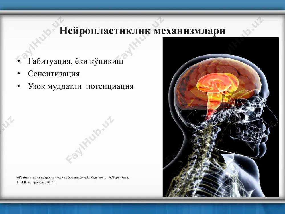 higa olgan holda o'tkazilishi lozim. nerv-muskulli elektrostimulyatsiya bemorlarni faollashtirishning boshini aniqlashtiruvchi omillar: destruktiv o'zgarishlarning kamayib borishining boshlang'ich bosqichi gemodinamik ko'rsatkichlar stabilizatsiyasi etarli uyg'onish darajasi bemorni gorizontal holatdan vertikal holatga o'tkazish o'tirishga o'rgatish turishga o'rgatish paretik tomonga tana og'irligini o'tkazish yurishga o'rgatish «reabilitatsiya nevrologicheskix bolnix» a.s.kadikov, l.a.chernikova, n.v.shaxparonova, 2014g. «lokomat» tizimi paretik qo'llarda ihtiyoriy harakatlarni rivojlantirish uchun quyidagilar qo'llaniladi: davolovchi-gimnastika mashqlari o'yin mashqlari armeo spring qo'llar terapiyasining reabilitatsion majmuasi «amadeo» apparati armeo springqo'llar terapiyasining reabilitatsion majmuasi «amadeo» apparati erta tiklash davrining vazifalari faol harakatlarni rivojlantirish sinkineziyalarni oldini olish spastiklikni pasaytirish yurish funktsiyasini takomillashtirish jismoniy mashqlarga bardoshlilikni oshirish vertikal holat barqarorligini rivojlantirish o'z-o'ziga xizmat qilishga o'rgatish «reabilitatsiya nevrologicheskix bolnix» a.s.kadikov, l.a.chernikova, n.v.shaxparonova, 2014g. erta tiklanish davrida qo'llaniladigan reabilitatsiya choralari majburiy harakatlar terapiyasi patologik sinkineziyalarni oldini olish uchun ortopedik fiksatsiya va robototexnik vositalarni qo'llash balans-treningi-«stabilan-01» kompbyuter-stabilografik kompleksdan foydalangan holda vertikal holatda barqarorlikni oshirish uchun virtual xaqiqatga asoslangan treninglar velotrenajyor va yugurish yo'lakchalaridagi mashg'ulotlar …