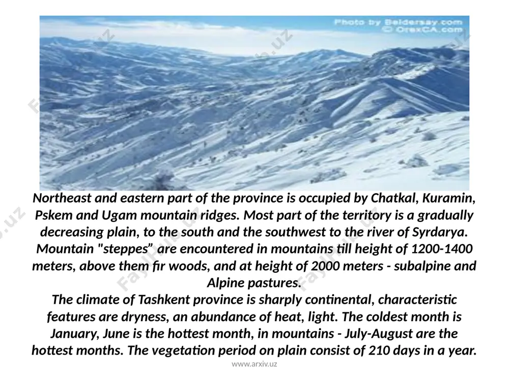 ity of 120 million ton of ore; - copper in kalmakir deposit with reserves of 18.1 million ton - molybdenum with reserves of 220.4 thousand ton; - lead and zink in lashkarek and kurgashin deposits with reserves of 240.7 thousand ton and 239.2 thousand ton accordingly; - bismuth with reserves of 701.7 ton; - lithium in shavazsay deposit with reserves of 12.1 million ton; - uranium with reserves of 18.2 thousand ton; - silver in kuchbulak and kizilolmasay deposits with reserves of 13.5 thousand ton; - coal in angren, shargun and baysuntau deposits with reserves of 1 965.3 million ton; - kaolin in angren deposit with reserves of 1 338.2 million ton; - asbestos saricheqis deposit with probable reserves of 5 819 ton. on the ground of aforesaid resources such spheres as fuel and energy, mechanical engineering, mining chemical, building materials industry and others got development in cities and districts …