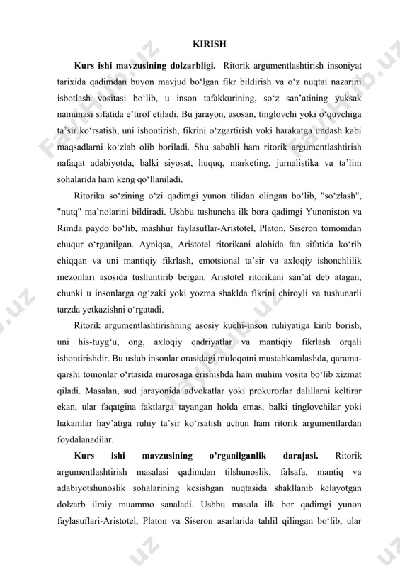 ef:1] va lysyuka olbrext-tittek singari olimlar ritorik argumentlashtirishning yangi-yevropa argumentatsiya maktabi doirasidagi yondashuvlarini ishlab chiqdilar. perelmanning “yangi ritorika” nazariyasi, ayniqsa, bahsli vaziyatlarda muloqot ishtirokchilarining turli pozitsiyalarini murosaga olib kelish yo‘lidagi argumentlarning ijtimoiy va madaniy asoslarini tahlil qilishi bilan ahamiyatlidir. [1: перельман ш., ольбрехт-тытека л. новая риторика. трактат об аргументации. – м.: прогресс, 1970.-c.512] postmodern davrda ritorik argumentlashtirish tushunchasi yanada kengayib, faqatgina mantiqiy izchillik emas, balki ijtimoiy, psixologik va estetik omillarni ham o‘z ichiga oladigan ko‘p qatlamli jarayon sifatida qaralmoqda. bu borada s. toulmin, [footnoteref:2]r. barthes,[footnoteref:3] m. bakhtin[footnoteref:4] kabi mutafakkirlar ritorik strukturani, bahs usullarini va diskursdagi ko‘rsatmalilikni turli nazariy nuqtai nazardan o‘rganishgan. [2: toulmin, s. e. the uses of argument. – cambridge university press, 2003 (updated edition).-p.251 ] [3: barthes, r. elements of semiology. – hill and wang, 1967.-p.120] [4: бахтин м. м. проблемы речевых жанров // вопросы литературы. – 1979. – № 4. – с.71] o‘zbek tilshunosligida esa ritorik argumentlashtirish …