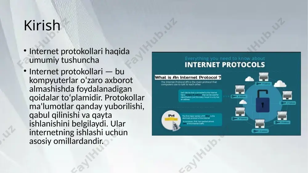 il yuborish uchun pop3/imap: email qabul qilish dhcp: avtomatik ip manzil taqdim etish ssl/tls: shifrlangan aloqa xulosa xulosa va ahamiyati internet protokollari – bu butun internet tizimining “tili”dir. ular orqali kompyuterlar, serverlar va boshqa qurilmalar o‘zaro to‘g‘ri va xavfsiz aloqa o‘rnatadi. har bir protokol o‘ziga xos rol o‘ynaydi va ularning uyg‘unligi internetni samarali ishlashini ta’minlaydi. e’tiboringiz uchun rahmat image1.png image2.png image3.png image4.png image5.png image6.png image7.png image8.png image9.png image10.png /docprops/thumbnail.jpeg