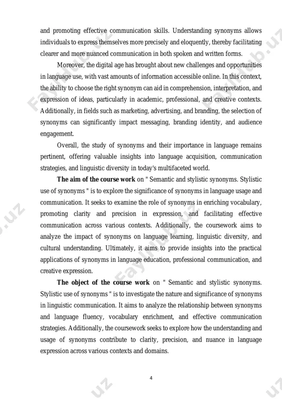 blic speaking, as they learn to choose the most appropriate synonym to convey their intended message clearly. moreover, in fields such as marketing, advertising, and branding, the selection of synonyms can significantly impact messaging, audience engagement, and brand identity. overall, the practical value of studying synonyms extends beyond linguistic knowledge to real-world applications in diverse fields and professions. it empowers individuals to communicate more effectively, navigate language barriers, and adapt their language usage to different contexts and audiences, ultimately enhancing their overall communication skills and professional success. the structure of the course work consists of introduction, main body, involving five or four sub parts, the conclusion and bibliography. 6 main body 1. general definition of synonyms and their classification synonyms are words different in their outer aspects, but identical or similar in their inner aspects. in english there are a lot of synonyms, because there are many borrowings, e.g. hearty …