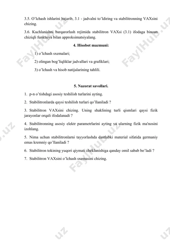 h rejimida diod tokini unga qo’yilgan teskari yo’nalishdagi kuchlanish bilan bog’liqligini tajriba usuli bilan aniqlash va bu bog’lanishni approksimatsiyalovchi chiziqli funktsiya parametrlari qiymatlarini hisoblash. 1. laboratoriya ishini bajarishga tayyorgarlik: 1.1. yarimo’tkazgich stabilitronning vaxsi 3.1 a-rasmda, uning elektr sxemalarda shartli belgilanishi esa 3.1 b-rasmda ko’rsatilgan. a) b) 3.1-rasm stabilitron vaxsi teskari shahobchasining u st.min -u st.max kuchlanish qiymatlari oralig’i elektr teshilishga (odatda ko’chkisimon) tegishli. teshilish rejimida teskari kuchlanishning juda oz miqdorda o’zgarishi teskari tokni kuchli o’zgarishiga olib keladi. stabilitronning bu hususiyatidan sxemotexnikada kuchlanishni barqarorlashda keng qo’llaniladi. 1.2. kuchlanishni barqarorlash rejimida stabilitron vaxsi chiziqli funktsiya bilan approksimatsiyalanadi: stdbsт iruu (3.1)