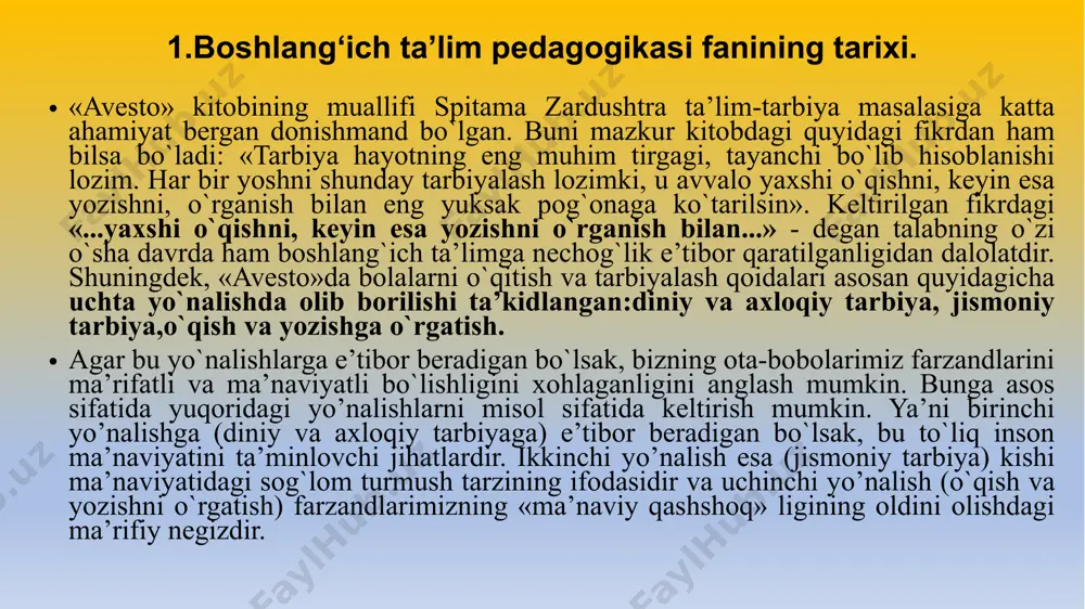 . bolaning bir o`zi boshqalardan ajralgan holda ijobiy fazilatlarga ega bo`la olmaydi». bolaning maktabda qanday fanlarni o`qish zarurligini ham ibn sino ko`rsatib bergan. «eng avvalo», - deb yozadi alloma muallim o`z shogirdlariga yaxshi fazilatlarni o`rgatish, keyin ona tili va adabiyotni mutolaa qildirishi lozim», - deb hisoblagan xvii-xviii asrlardagi dastlabki ta’lim. bu davrga kelib boshlang`ich ta’lim ko`pincha oilalarda, mahallalarda ta’lim-tarbiya o`choqlari tashkil etila boshlandi. ba’zan otinoyilar tayyorlanib, ular tomonidan qizlar ham savodxon qilinar edi. bu boradagi pedagogik faoliyatga yurtimizning ma’rifatparvar ziyolilari, olimlar, shoirlar ham bosh qo`shdi. ulardan biri jahon otin uvaysiydir. u o`z davrining peshqadam va ma’rifatparvar shoirasi bo`lgan va o`zining tashabbusi bilan qizlar maktabini tashkil etgan. u maktabdagi tolibalarga boshlang`ich ta’lim berib, arab grafikasida yozish va o`qishni o`rgatibgina qolmay, balki qizlarga musiqa va she’r san’atidan dars berib, tez fikrlash, chiroyli so`zlash, radifgo`ylik va chiston-topishmoq yaratish uslublarini ham o`rgatgan. bu ta’lim usullari shogird qizlarning kuchli fikrlash mushohadasini o`stirishga, tevarak-atrofdagi narsalarga e’tibor …