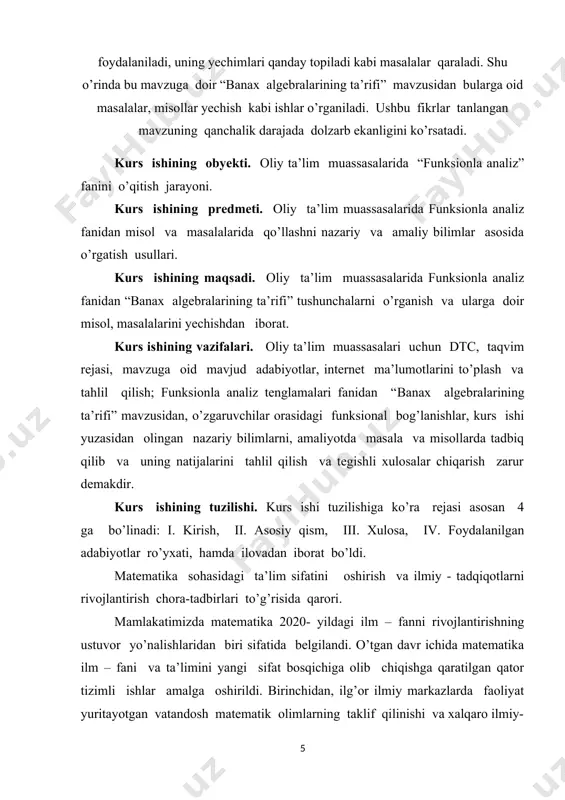 arni amalga oshirish zaruratini ko’rsatmoqda. jumladan, birinchida, matematika ta’limotining ta’lim olish bosqichlari o’rtasidagi uzviylik to’liq ta’minlanmagan; ikkinchidan, umumta’lim maktablarida matematika darsliklari o’quvchilarning yoshiga nisbatan fanni o’zlashtirish qiyinlashtiruvchi murakkab masalalardan iborat va boshqa fanlarda o’tiladigan mavzular bilan uyg’unlashtirilmagan; uchinchidan, matematikaga qiziquvchan, xalqaro olimpiadalar g’oliblari bo’lgan aksariyat iqtidorli yoshlarimiz hududlardan bo’lishiga qaramasdan ularning kelgusi rivojlanishi uchun oliy ta’lim va ilm- fan sohasida zarur shart – sharoit yaratib berilmagan; to’rtinchidan, matematika sohasidagi ilmiy- tadqiqotning amaliyot va ishlab chiqarish bilan bog’liqligi zaifligicha saqlanib qolmoqda; beshinchidan, sohadagi olimlarning xorijiy ilmiy va ta’lim muassasalari bilan aloqalari milliy matematikani jahon miqyosiga olib chiqish, xalqaro hamjamiyatda nufuzini oshirish uchun yetarli emas. ta’limning barcha bosqichlarida matematika fanini o’qitish tizimini yanada takomillashtirish, pedagoklarning samarali mehnatini qo’lla- quvvatlash, ilmiy- tadqiqot ishlarining ko’lamini kengaytirish va amaliy ahamiyatini oshirish, xalqaro hamjamiyat bilan aloqalarni mustahkamlash, shuningdek, 2017- 2021- yillarda o’zbekiston respublikasini rivojlantirishning beshta ustuvor yo’nalishi bo’yicha xarakatlar strategiyasini “ ilm, ma’rifat va raqamli iqtisodiyotni …